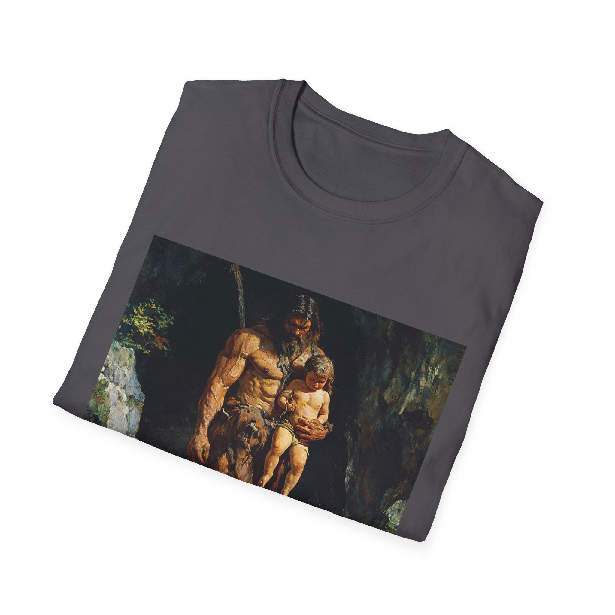 "Prehistoric Parenting: Caveman Caring Father Unisex Softstyle T-Shirt - A Nod to Timeless Fatherhood