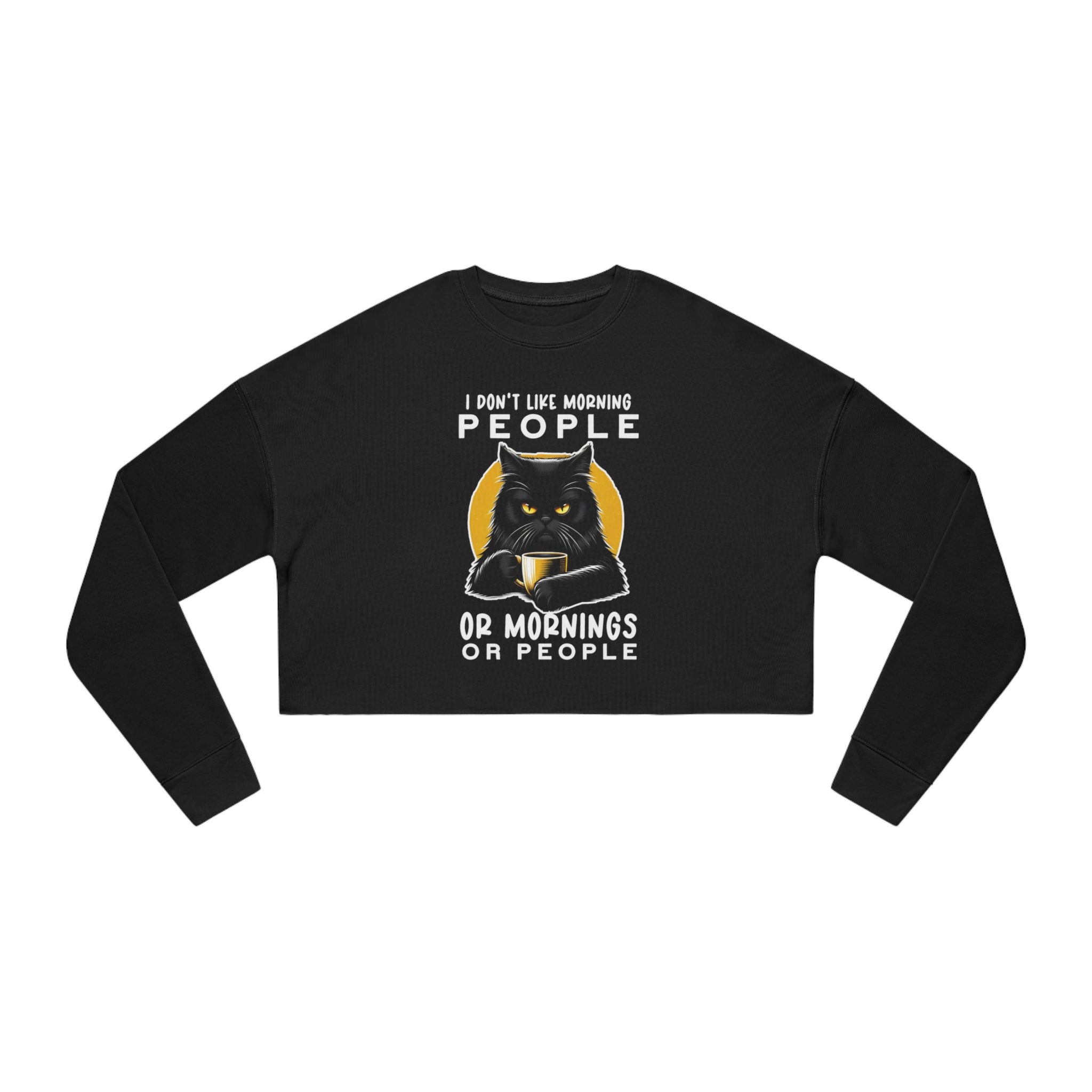 This image showcases a trendy women's cropped sweatshirt featuring the famous Grumpy Cat meme with the slogan “I Don't Like People...Grumpy Cat Coffee." The design emphasizes a playful yet relatable sentiment for those whose mornings must start with coffee. The sweatshirt's cropped style adds a fashionable edge, making it an ideal choice for those looking to combine comfort with a statement piece.