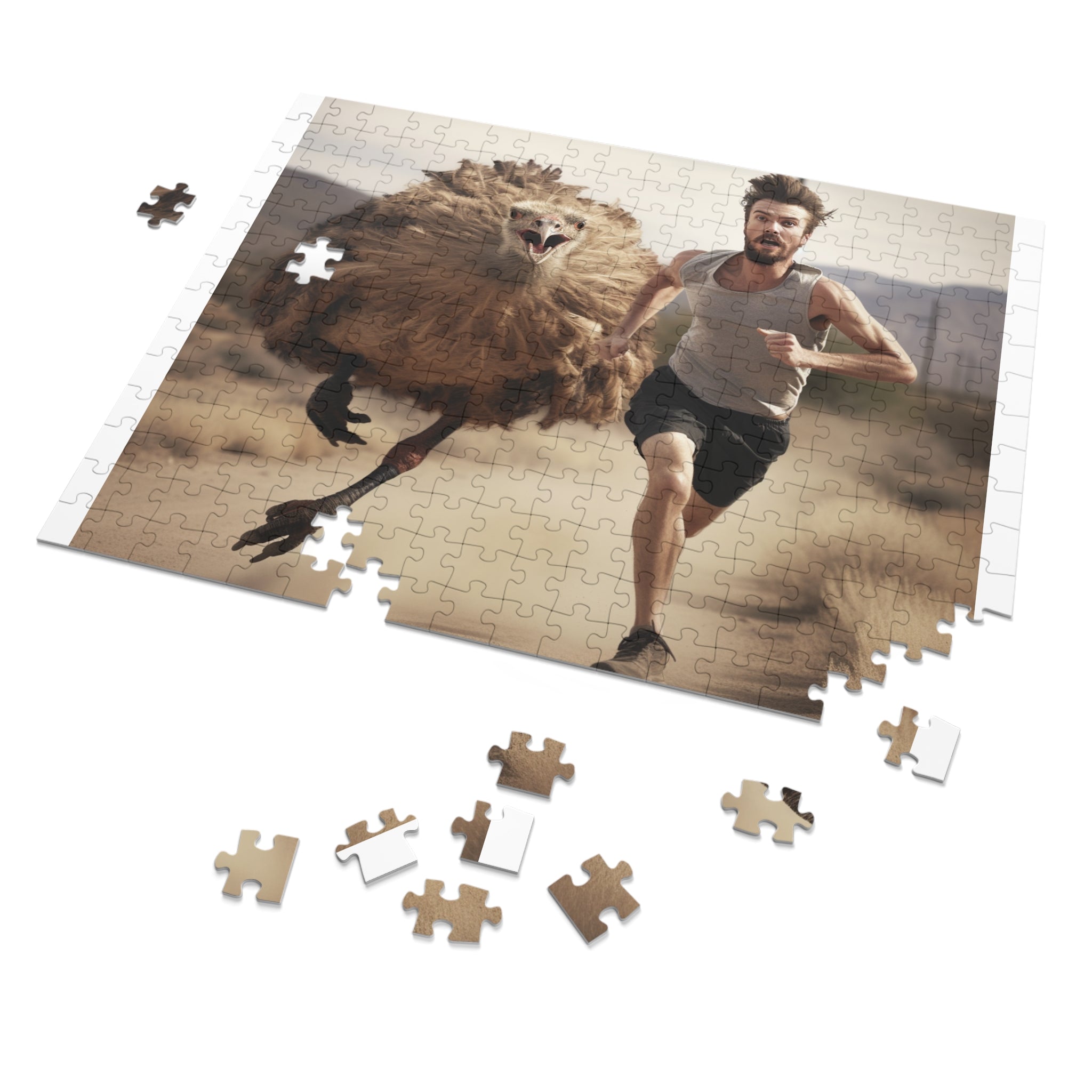 Escape from Prehistoric Terror: Man Running from Ancient Mean Big Bird Jigsaw Puzzle - Available in 30, 110, 252 Pieces for All Ages