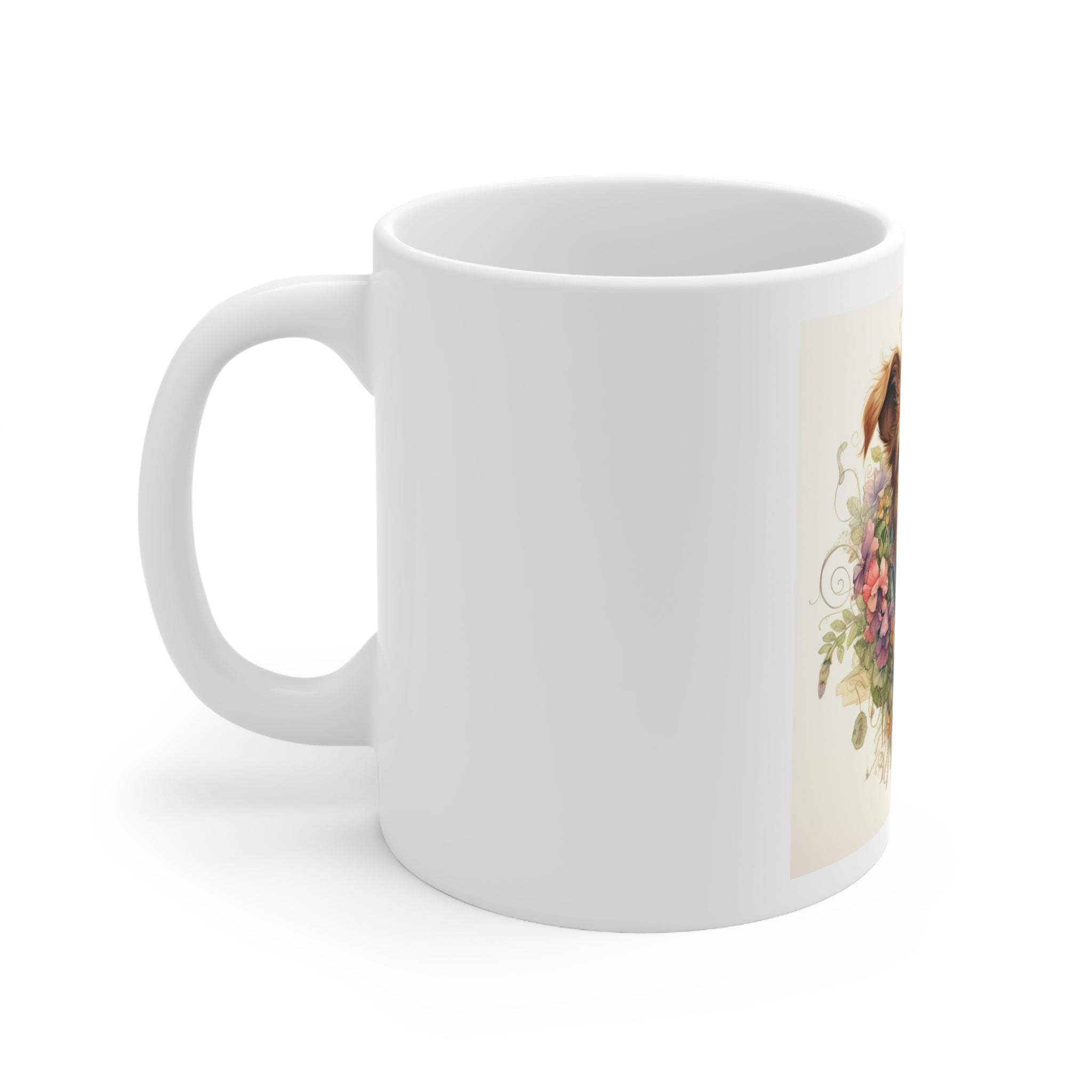 11oz Ceramic Mug: Exclusive Floral Doggy Design | Professional Artwork | Ideal for Mornings