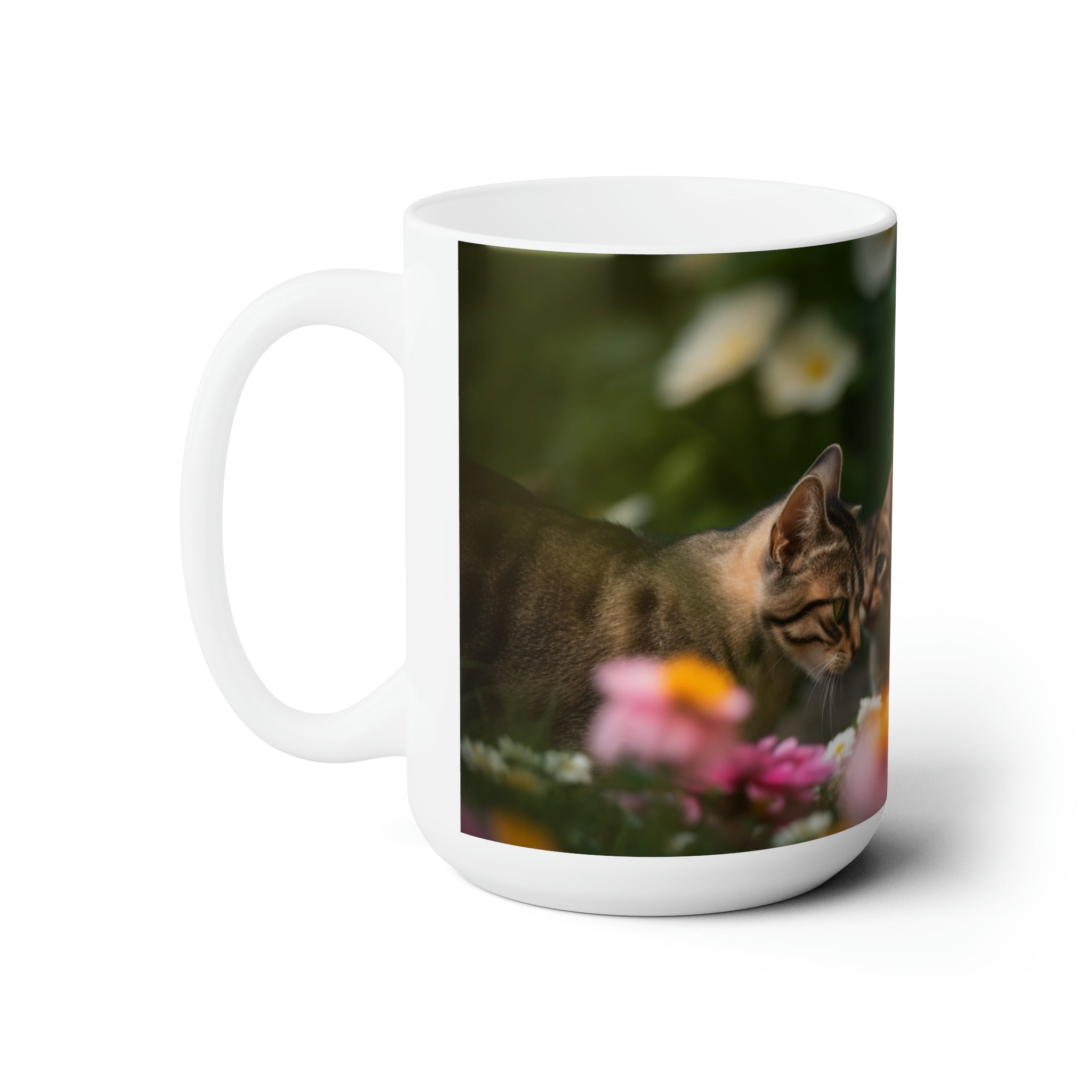 Exquisite Garden Cat Feline Party Ceramic Mug 15oz - Whimsical Pet-Inspired Drinkware for Cat Lovers, Trendy Home Decor, and Coffee Moments