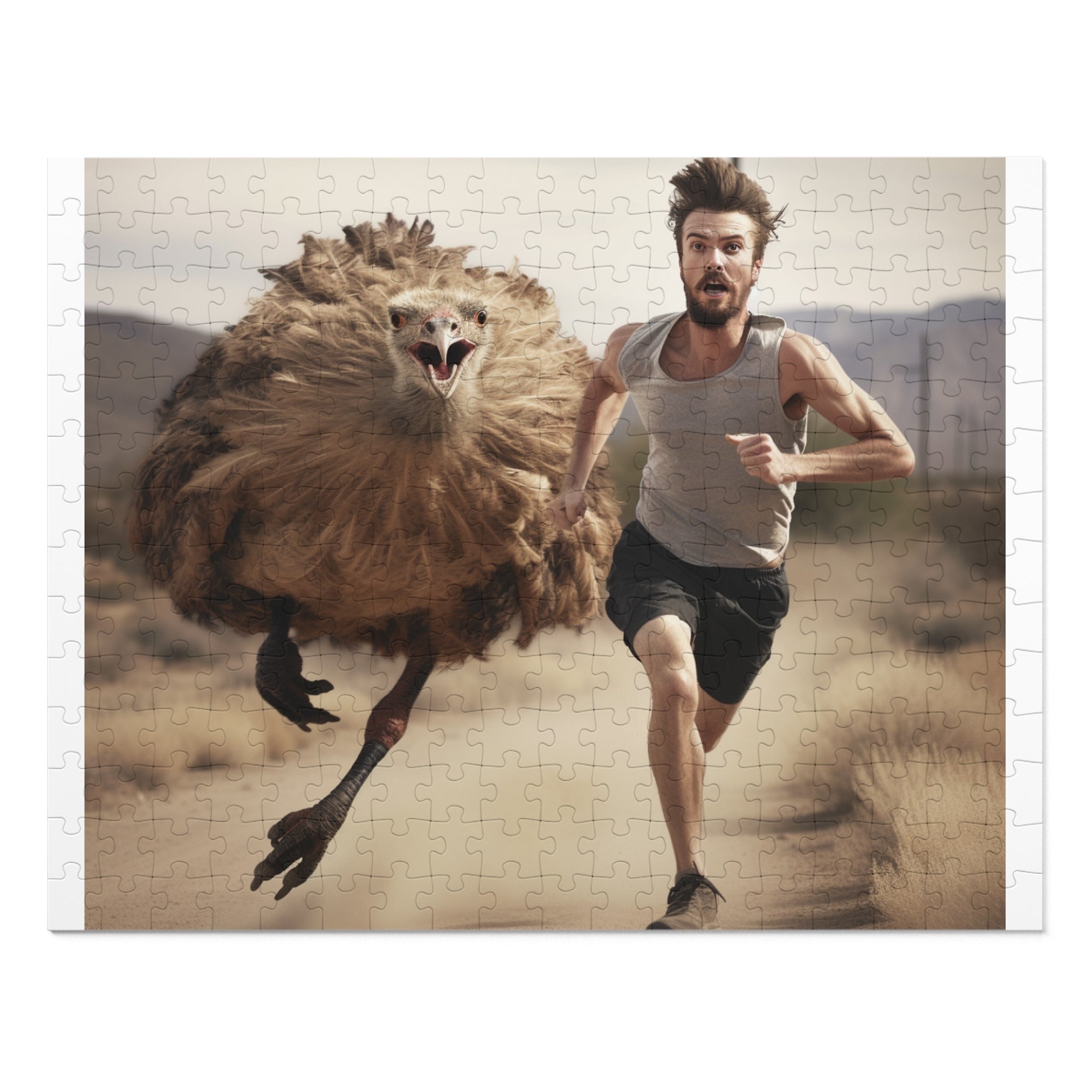 Escape from Prehistoric Terror: Man Running from Ancient Mean Big Bird Jigsaw Puzzle - Available in 30, 110, 252 Pieces for All Ages