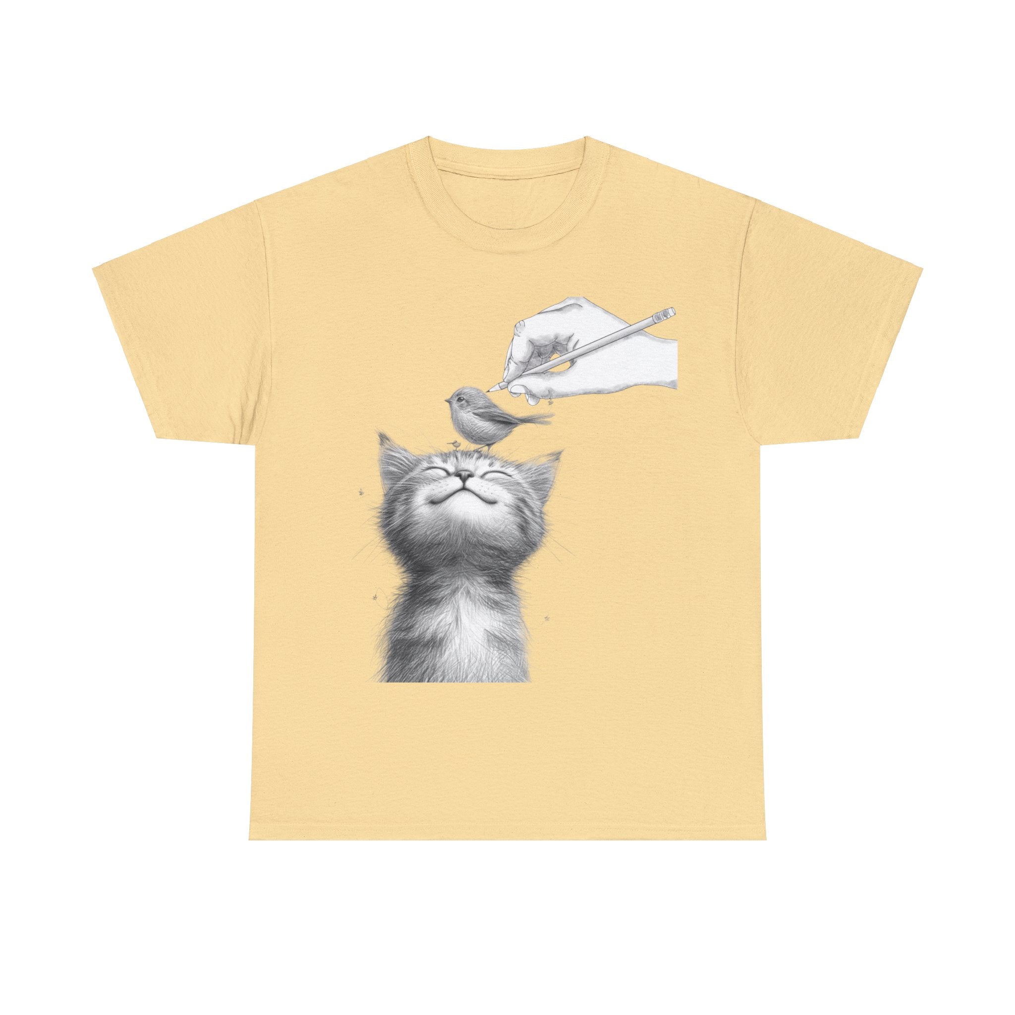 Cute Top for Artist Gift Women's Discover Artistic Elegance: Sketch Hand Drawing Bird and Cat Friendship Unisex Heavy Cotton Tee - Unique Design for Art Enthusiasts