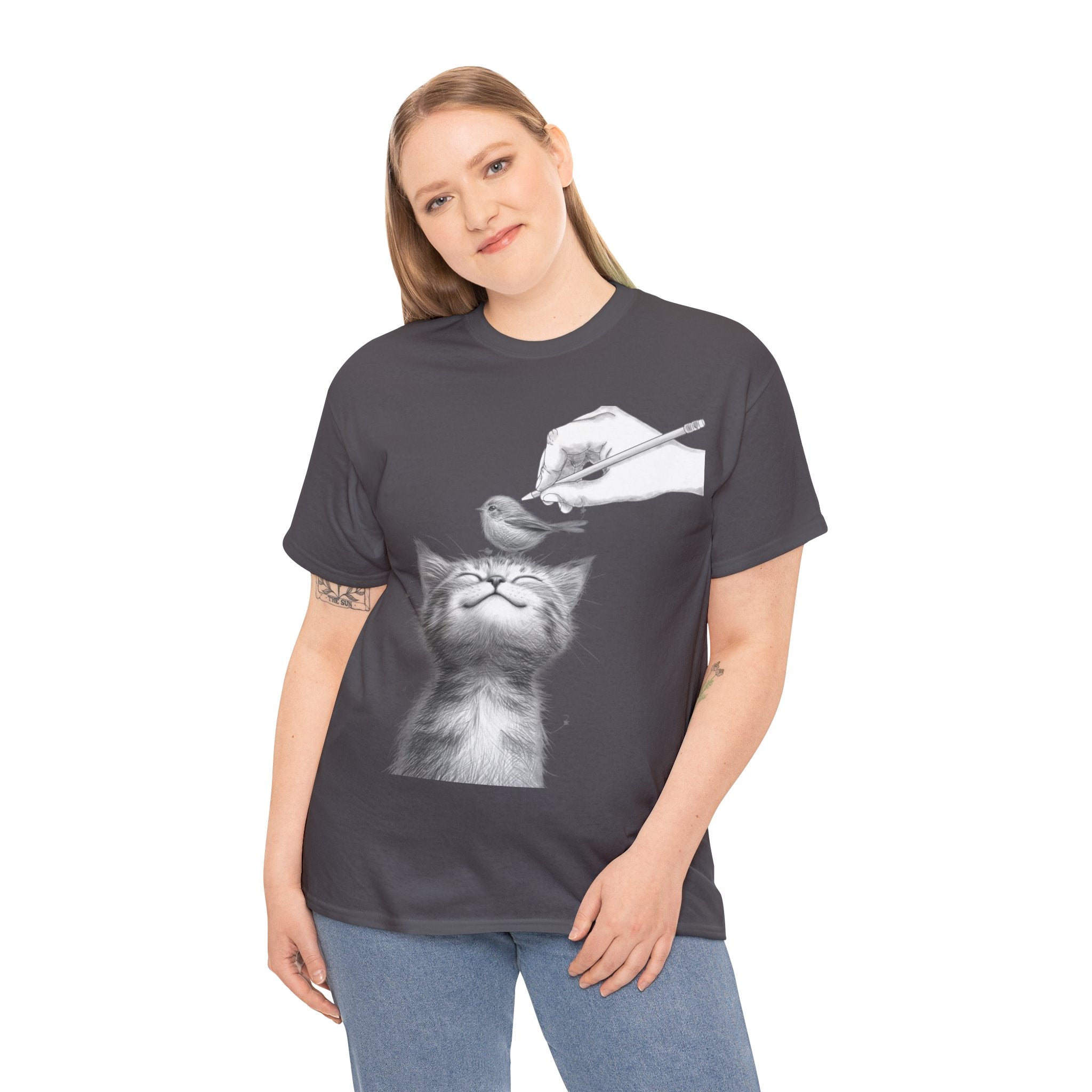 Cute Top for Artist Gift Women's Discover Artistic Elegance: Sketch Hand Drawing Bird and Cat Friendship Unisex Heavy Cotton Tee - Unique Design for Art Enthusiasts