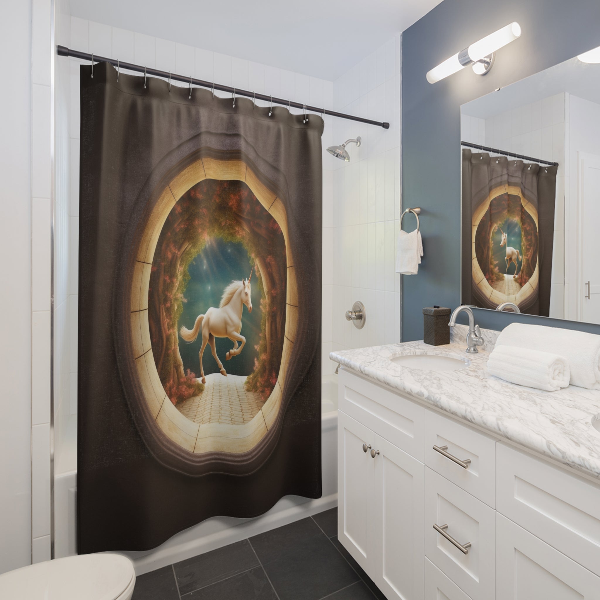 Enhance Any Space with Our Hyper-Realistic Unicorn Art Illusion Portal Tapestry & Shower Curtain - Ideal Girls Room Decor Gift for Contemporary Home Décor Enthusiasts and Fans of Fanstasy 🌟🏢🛁