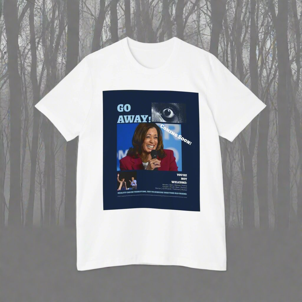 The image showcases a USA-made unisex jersey t-shirt with a bold “Go Away!” graphic inspired by horror film fonts and themes, reimagining the 2024 Democratic campaign. The soft, breathable fabric and relaxed fit are also highlighted.