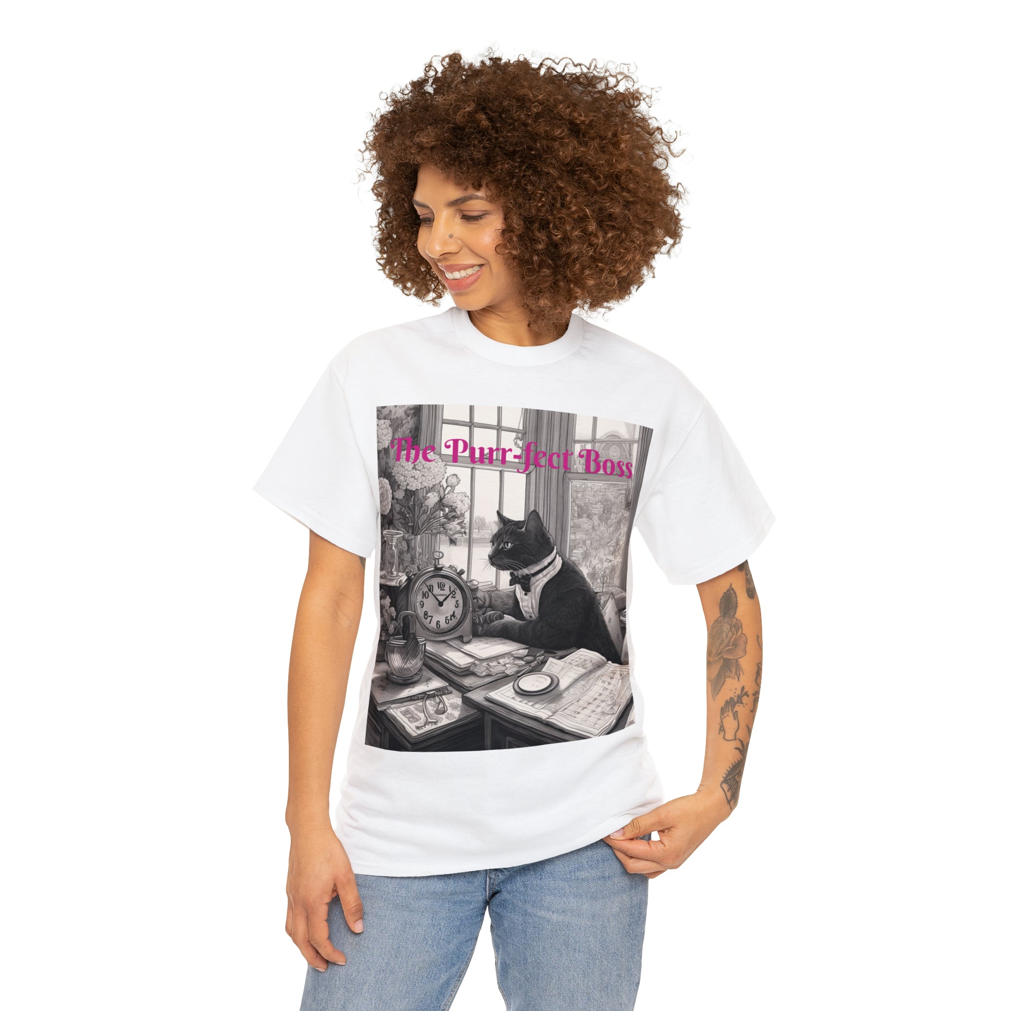 Women's Heavy Cotton Tee--"Purr-fect Boss" for Cat Lovers Gift for Pet Owners