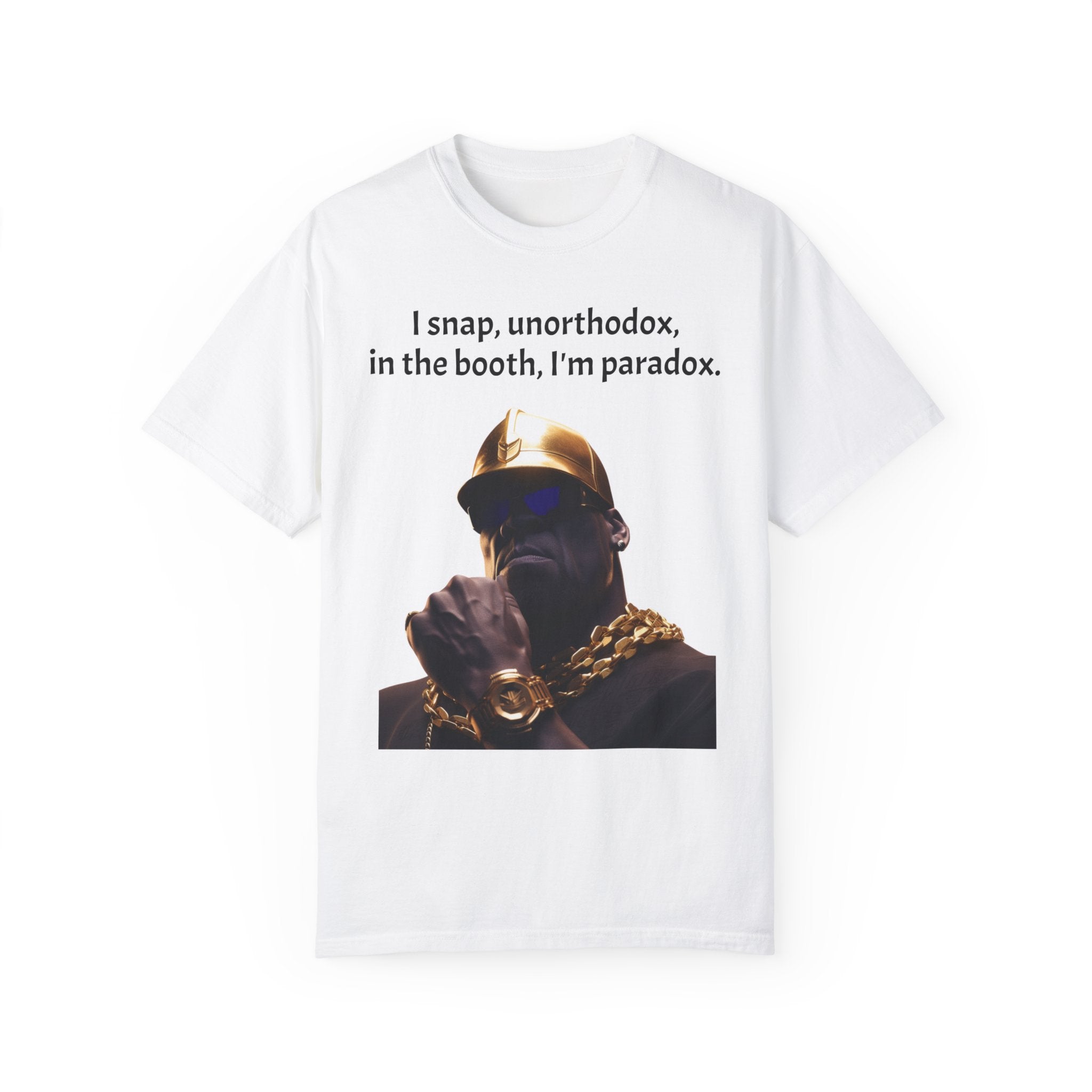 Lyrically Mad Titan T-Shirt: 'I Snap, Unorthodox, in the Booth, I'm Paradox' - Cosmic Warlord Inspired Hip Hop Unisex Garment-Dyed Tee for Urban Wear Enthusiasts