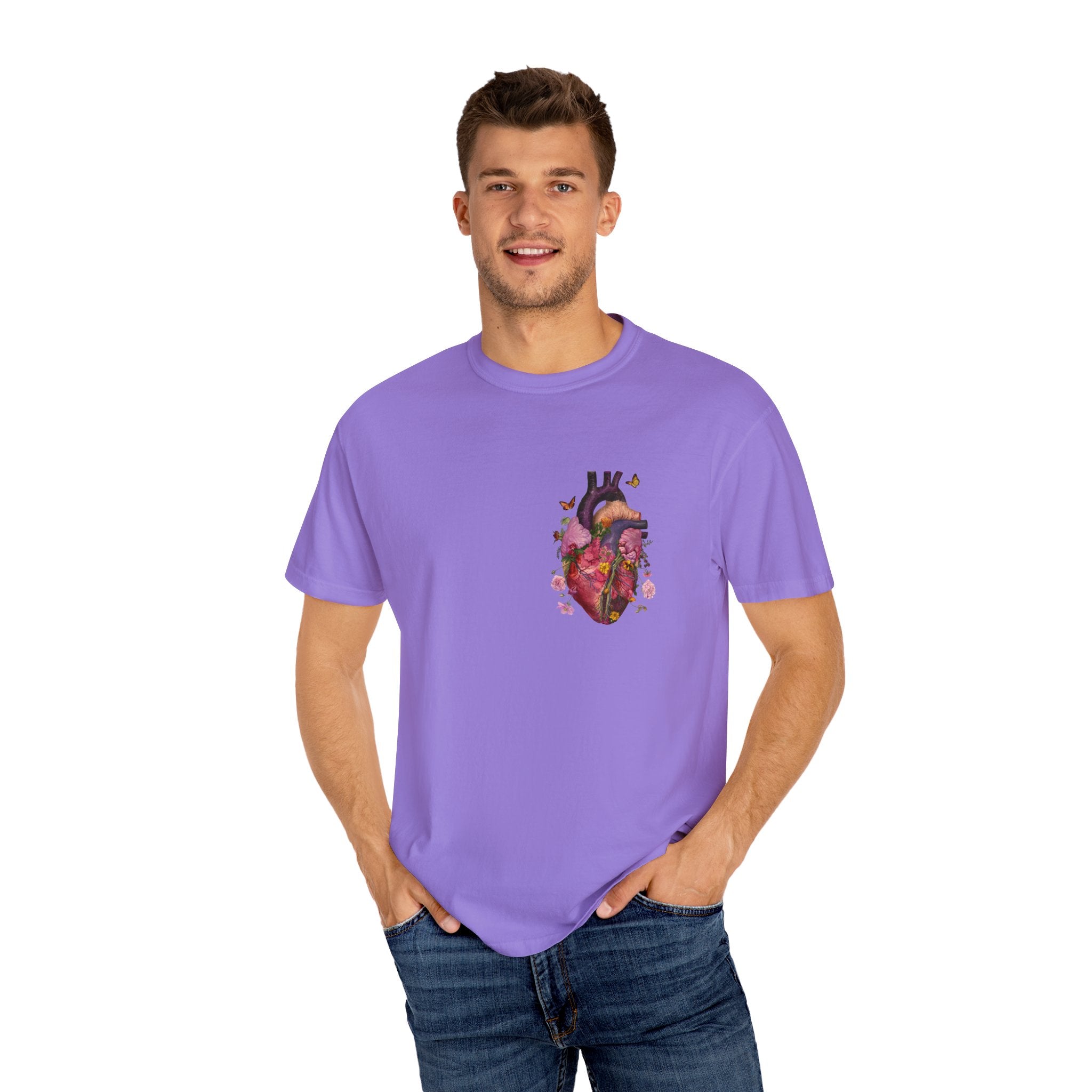 Botanical Heartbeat: Floral Heart Anatomy Unisex Garment-Dyed T-Shirt - Wearable Art with a Touch of Nature