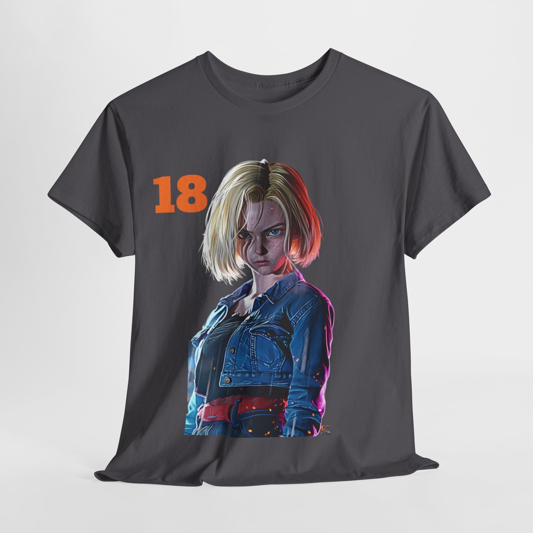 The image displays a stylish unisex heavy cotton tee, featuring a vibrant print inspired by Android 18. The tee is shown in a classic cut with a robust texture, highlighting its quality and the eye-catching design of the character. The neutral background emphasizes the tee's adaptability and fashion-forward aesthetic.