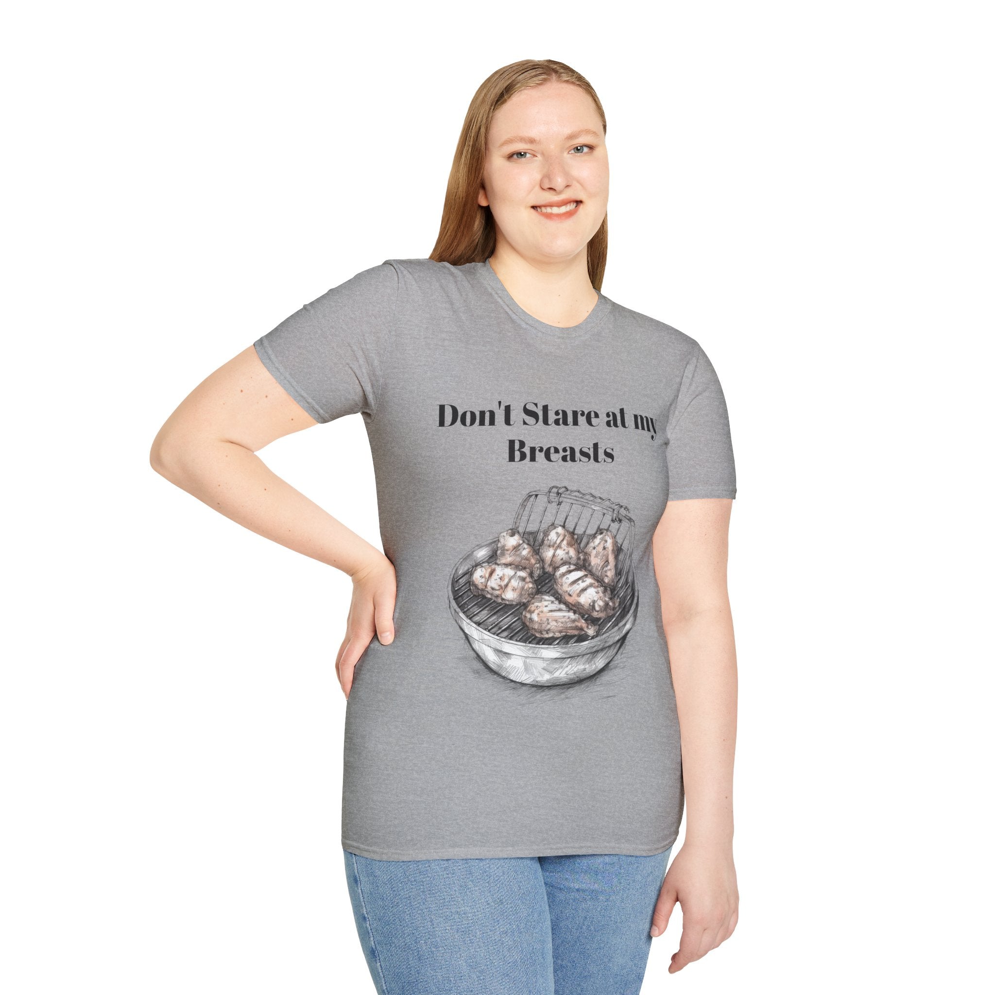 Don't Stare at My Chicken Breast" Humorous Unisex Softstyle T-Shirt - Perfect for Foodies and Comedy Lovers: A Playful Fashion Statement