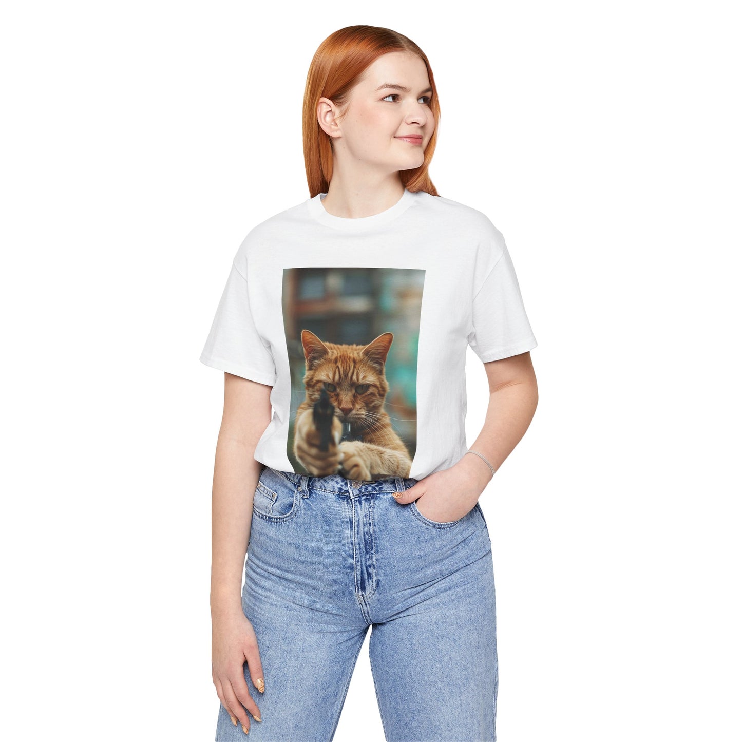 Stealth Paws: Feline Hitman Women's Jersey Short Sleeve Tee - Quirky Cat-Themed Apparel for Fashion-Forward Cat Lovers