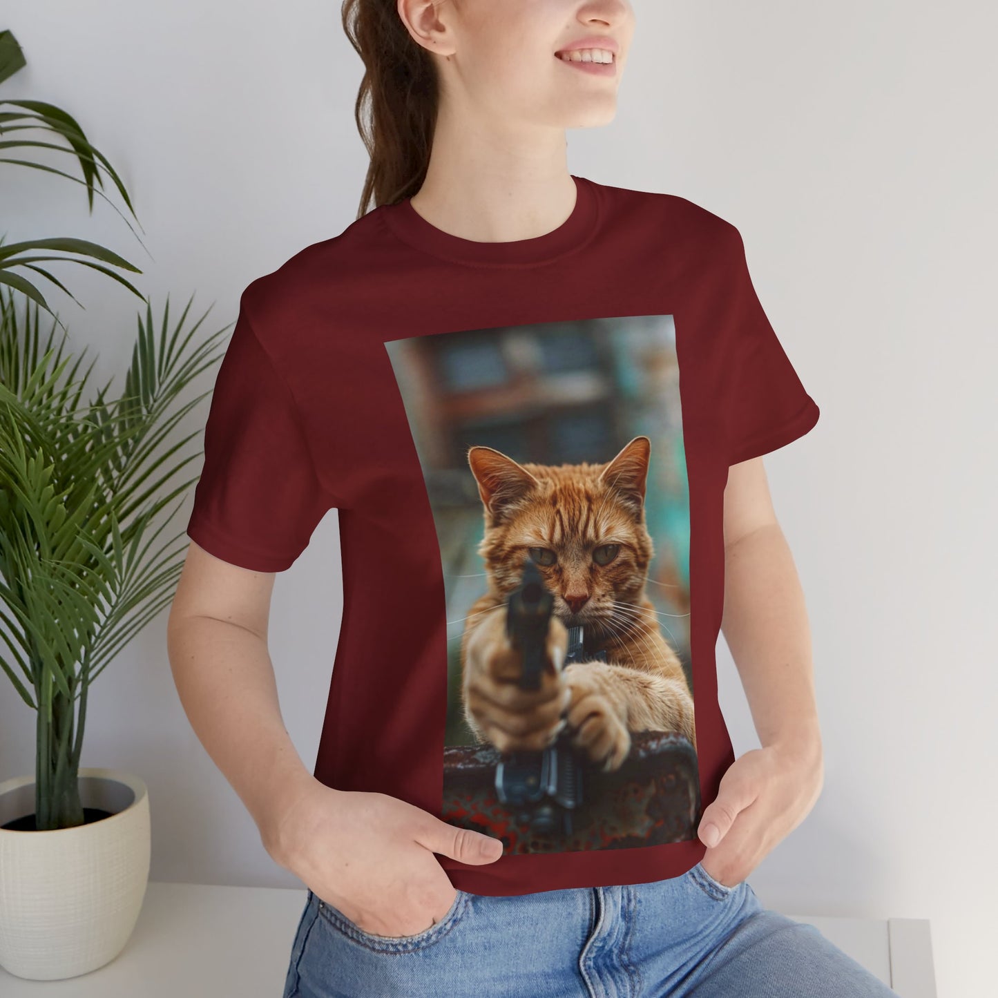 Stealth Paws: Feline Hitman Women's Jersey Short Sleeve Tee - Quirky Cat-Themed Apparel for Fashion-Forward Cat Lovers