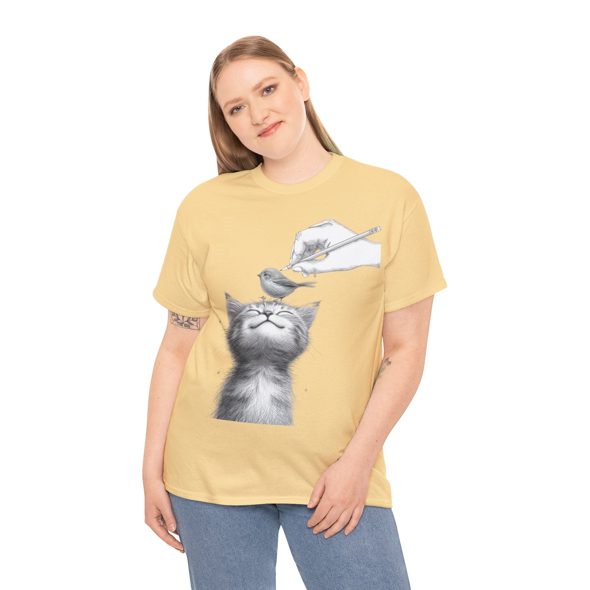 Cute Top for Artist Gift Women's Discover Artistic Elegance: Sketch Hand Drawing Bird and Cat Friendship Unisex Heavy Cotton Tee - Unique Design for Art Enthusiasts