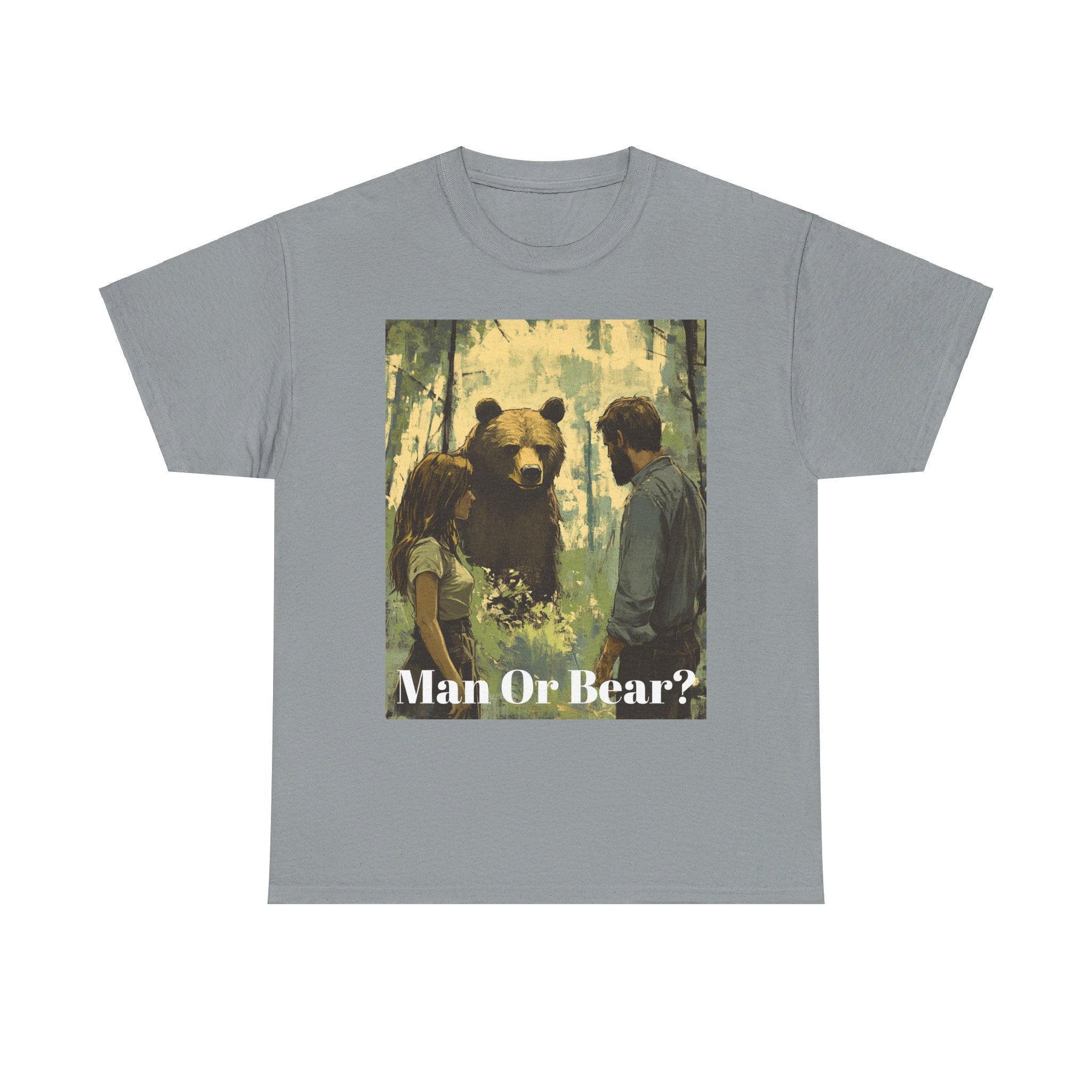 Wilderness Debate: 'Man or Bear?' Controversy Men's Heavy Cotton Tee - Embrace the Mystery