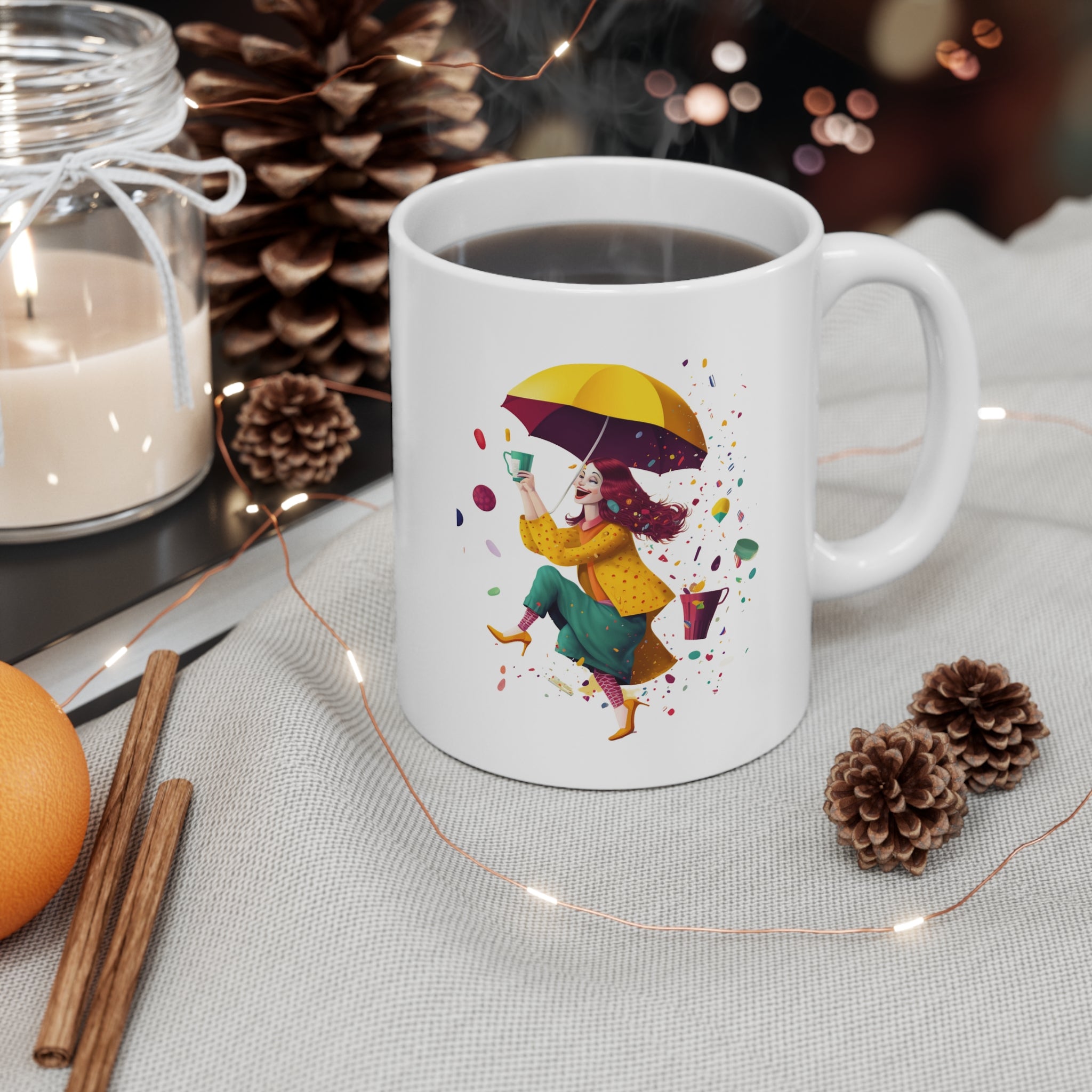 Cute Coffee Mug/ Cup With Happy Teacher Celebrating a Cup of Hot Starbucks Coffee to Start the Day on a Rainy Morning.