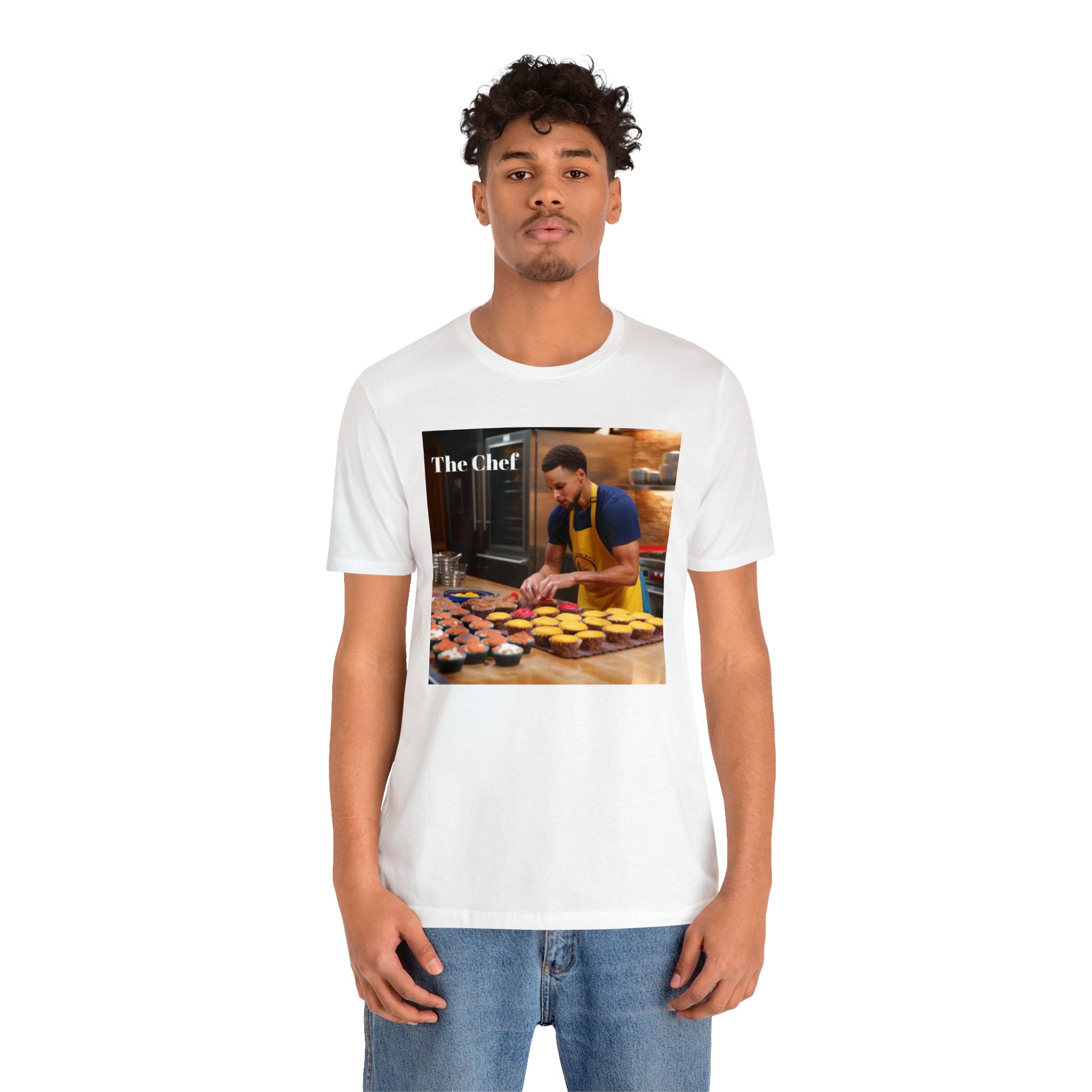 Chef Curry Cooking in the Kitchen Parody Tee: Professional Basketball Player Moonlighting as a Baker Cupcakes Design - Unisex Jersey Short Sleeve Tee for Sports and Baking Enthusiasts