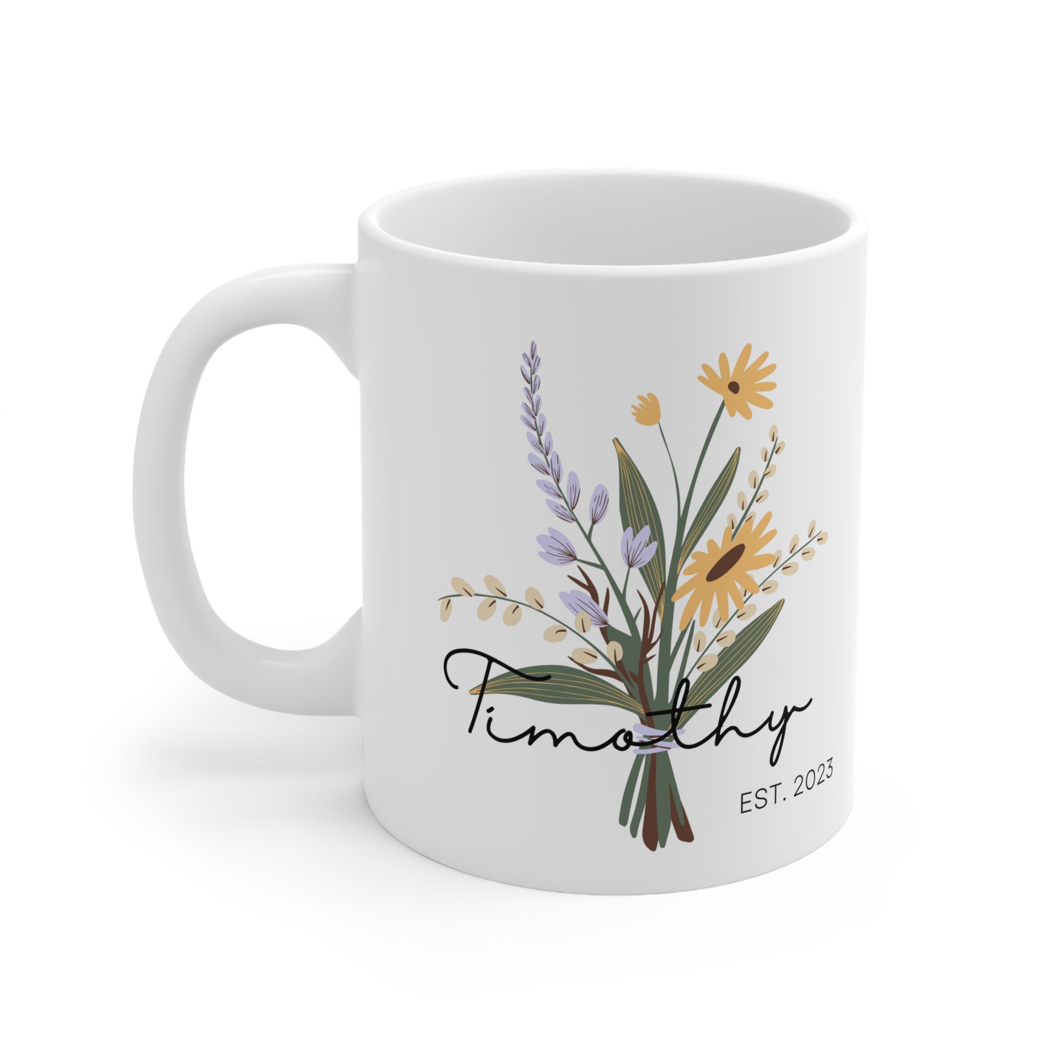 Great Gift for Work or for Coffee Breaks! Cherish Memories with Our Personalized Name and EST Date Floral Ceramic Mug 11oz - A Custom Keepsake to Sip and Smile