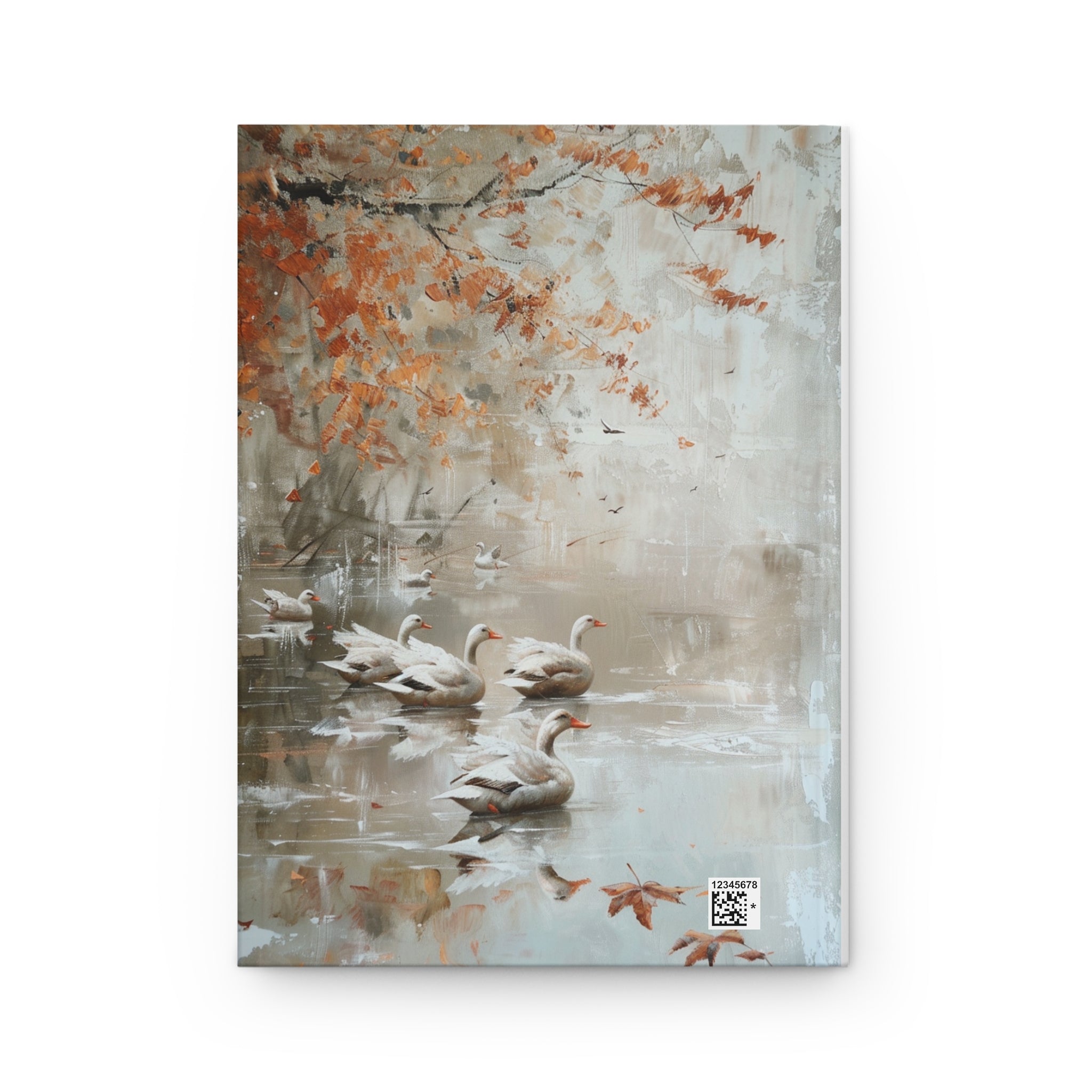 The image showcases a hardcover journal with a matte finish, featuring a serene illustration of geese gliding across a spring lake. The high-quality, acid-free paper and durable cover are highlighted, making it perfect for everyday writing and reflection.