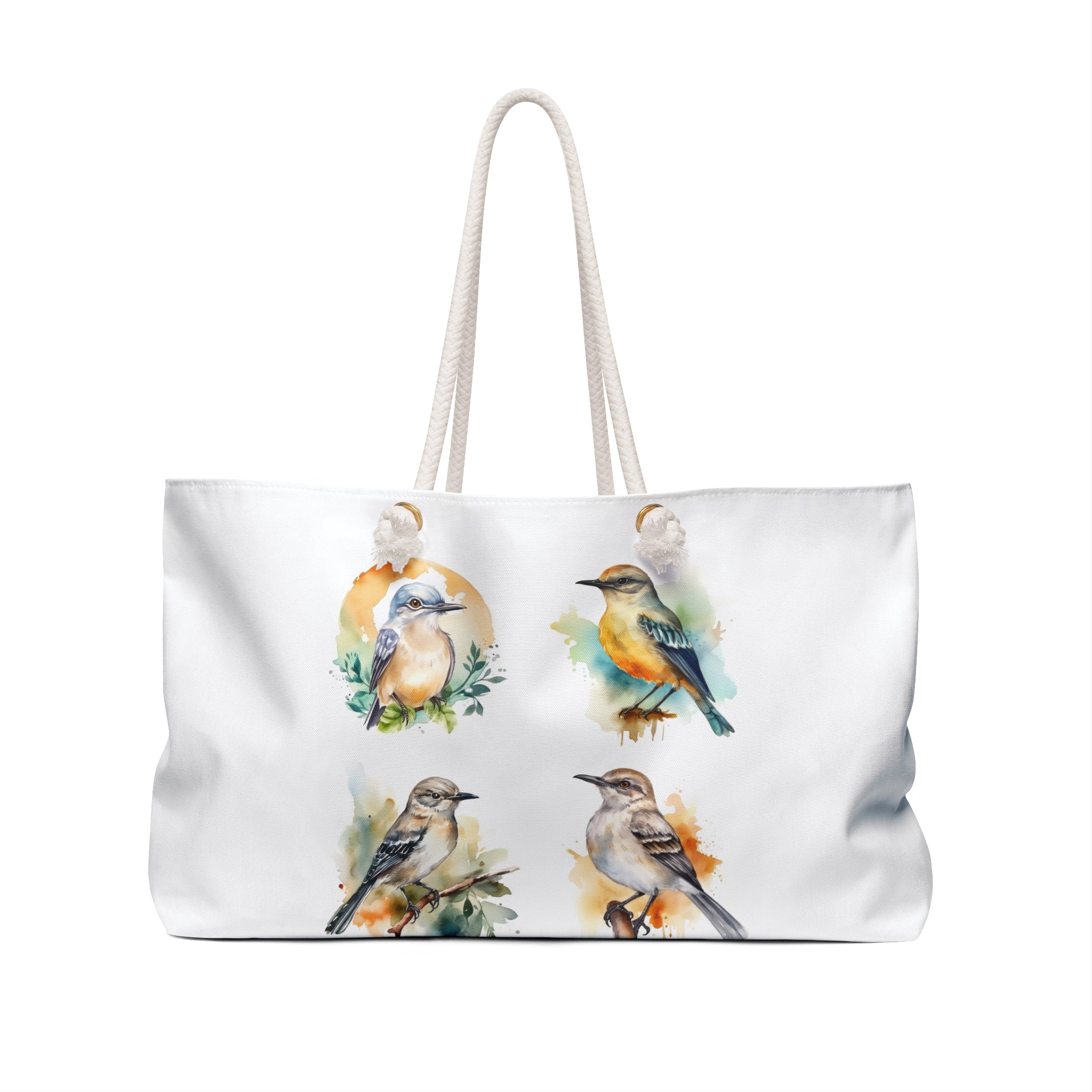 Oversized Weekender Tote Bag with Watercolor Bird Illustration, Perfect for Beach or Town, Durable with Thick Rope Handles