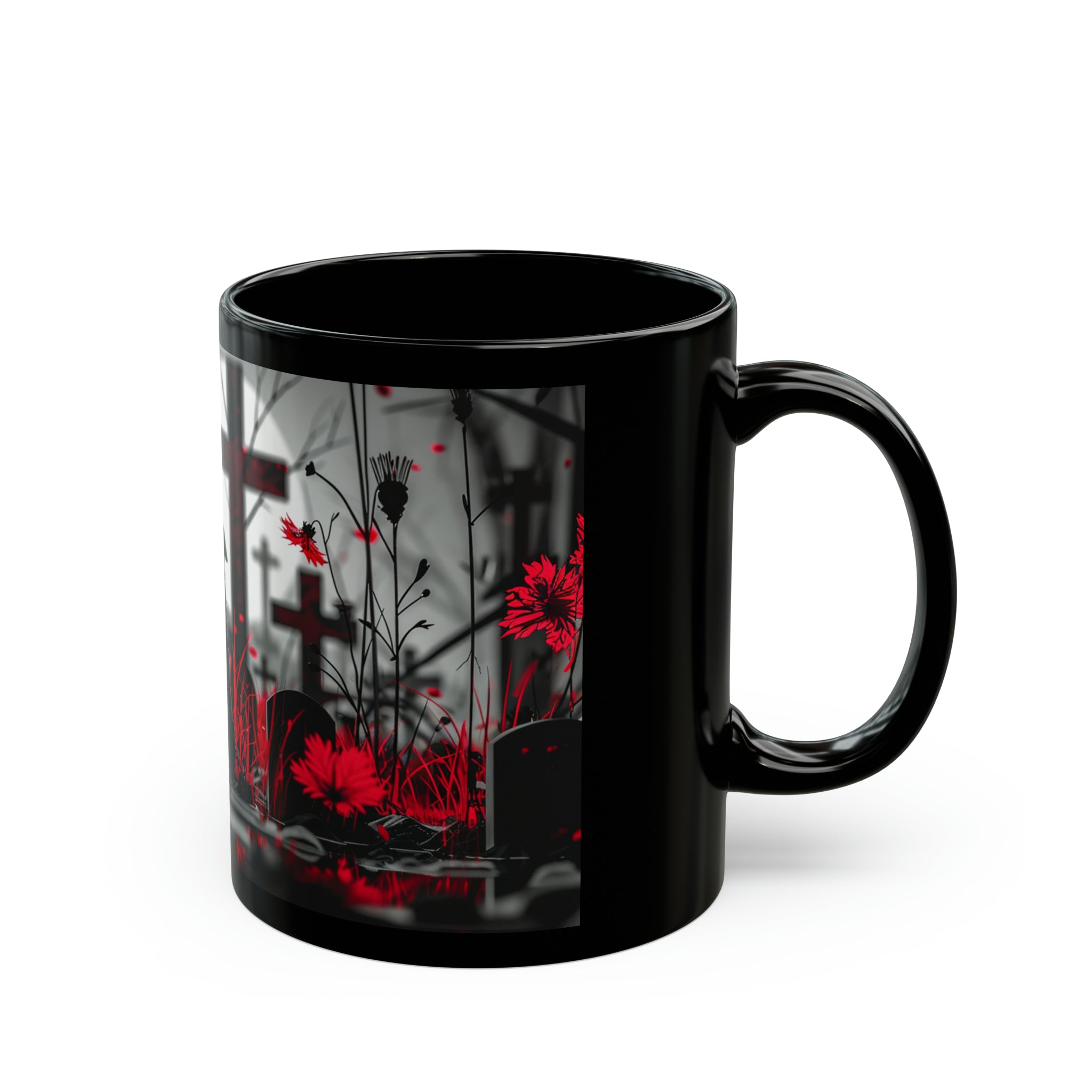 The image showcases a sleek, black ceramic mug, adorned with an artistic rendering of a loyal dog, depicted as a guardian angel. The design elegantly wraps around the mug, visible on both the 11oz and 15oz versions, embodying the spirit of solemn loyalty and protection that our canine friends provide.