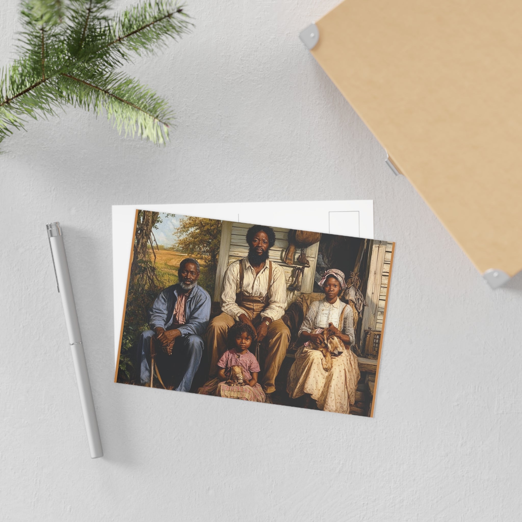 The image features a set of fine art postcards showcasing a beautifully rendered 19th-century Foundational Black American family seated on their porch. The high-quality matte finish and intricate artwork highlight the historical and cultural significance of these cards.