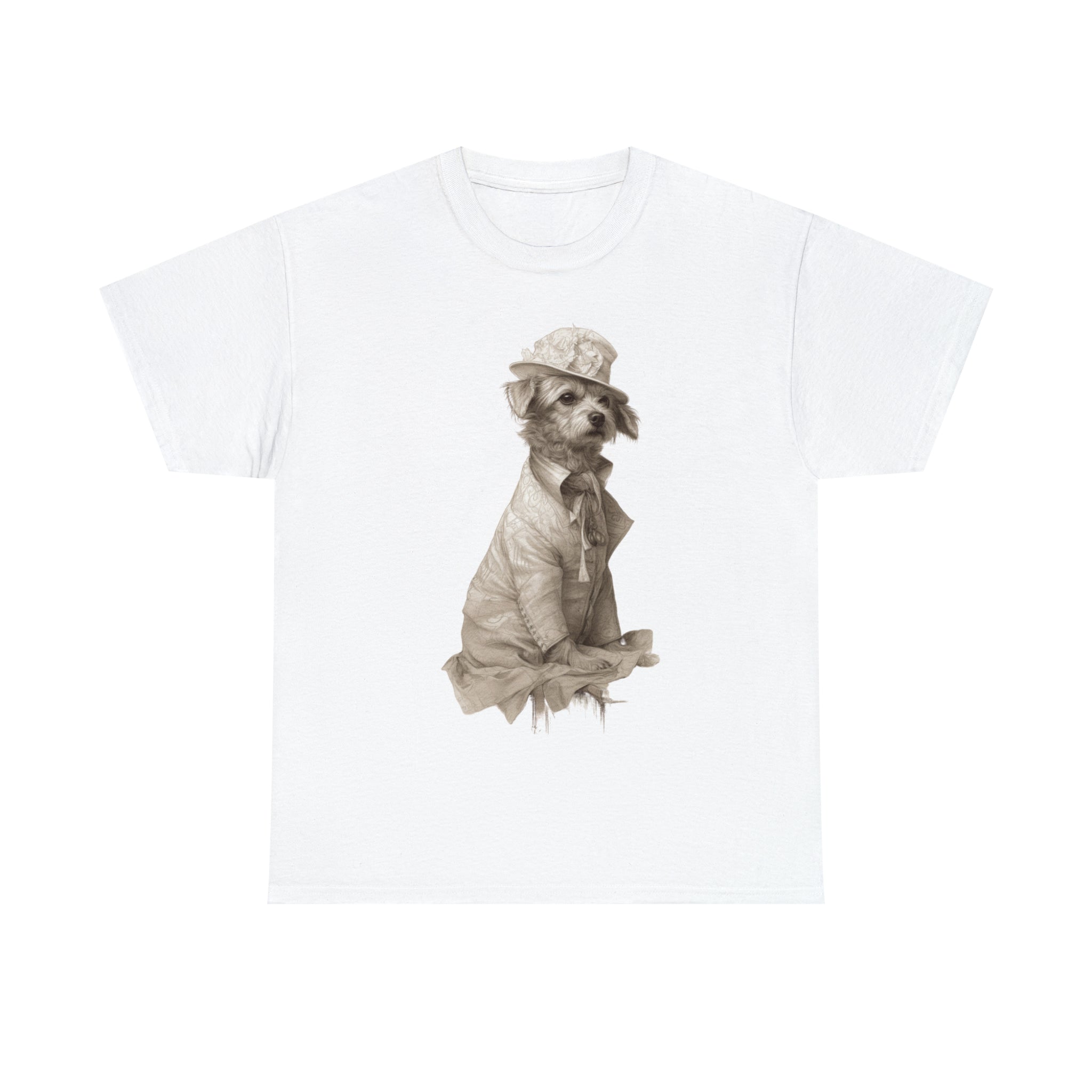 Unisex Heavy Cotton Tee-Distinguished Canine Tramp" Unisex Heavy Cotton Tee - Pencil Drawn Art with Floral Accents