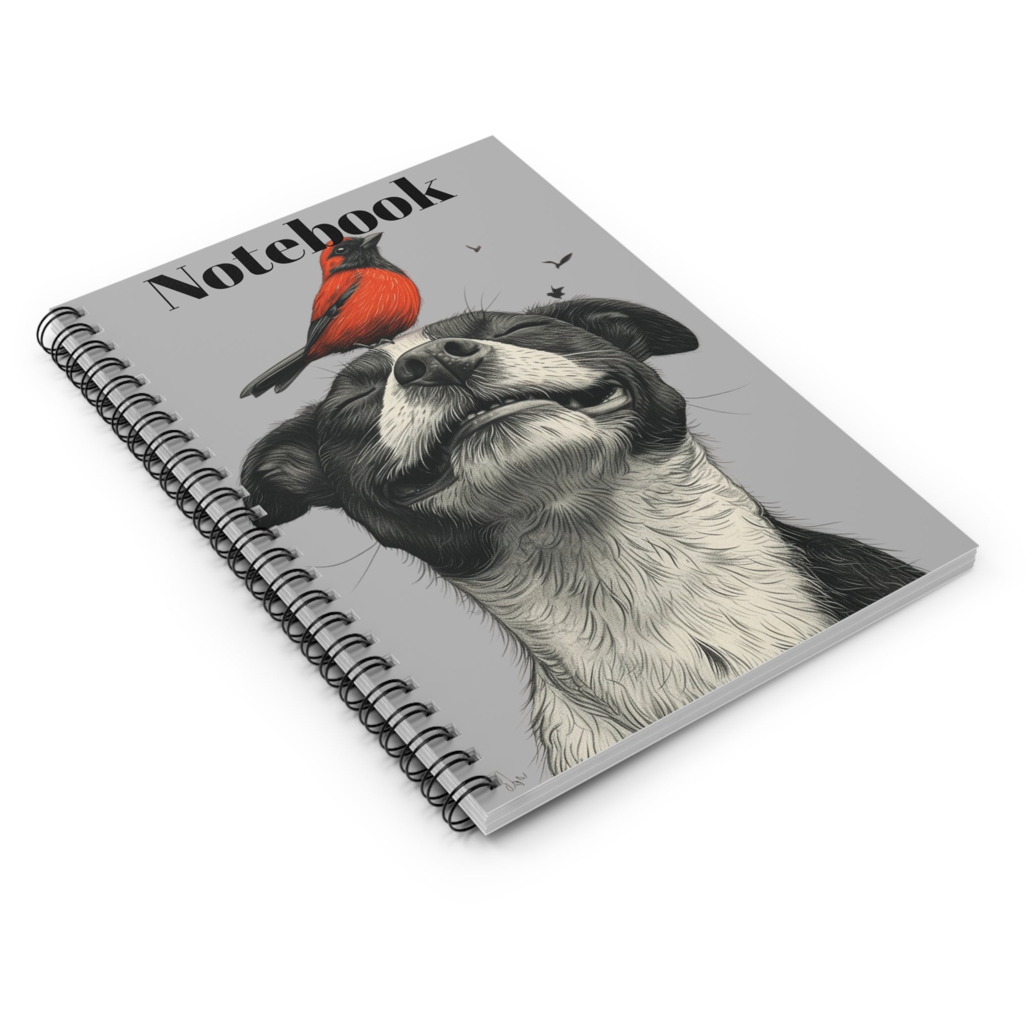 Puppy with Sparrow Friend Spiral Notebook - 100 Ruled Line Pages - Whimsical Animal Art Journal for College Students and Teachers Gift for Professionals and Dog Lovers