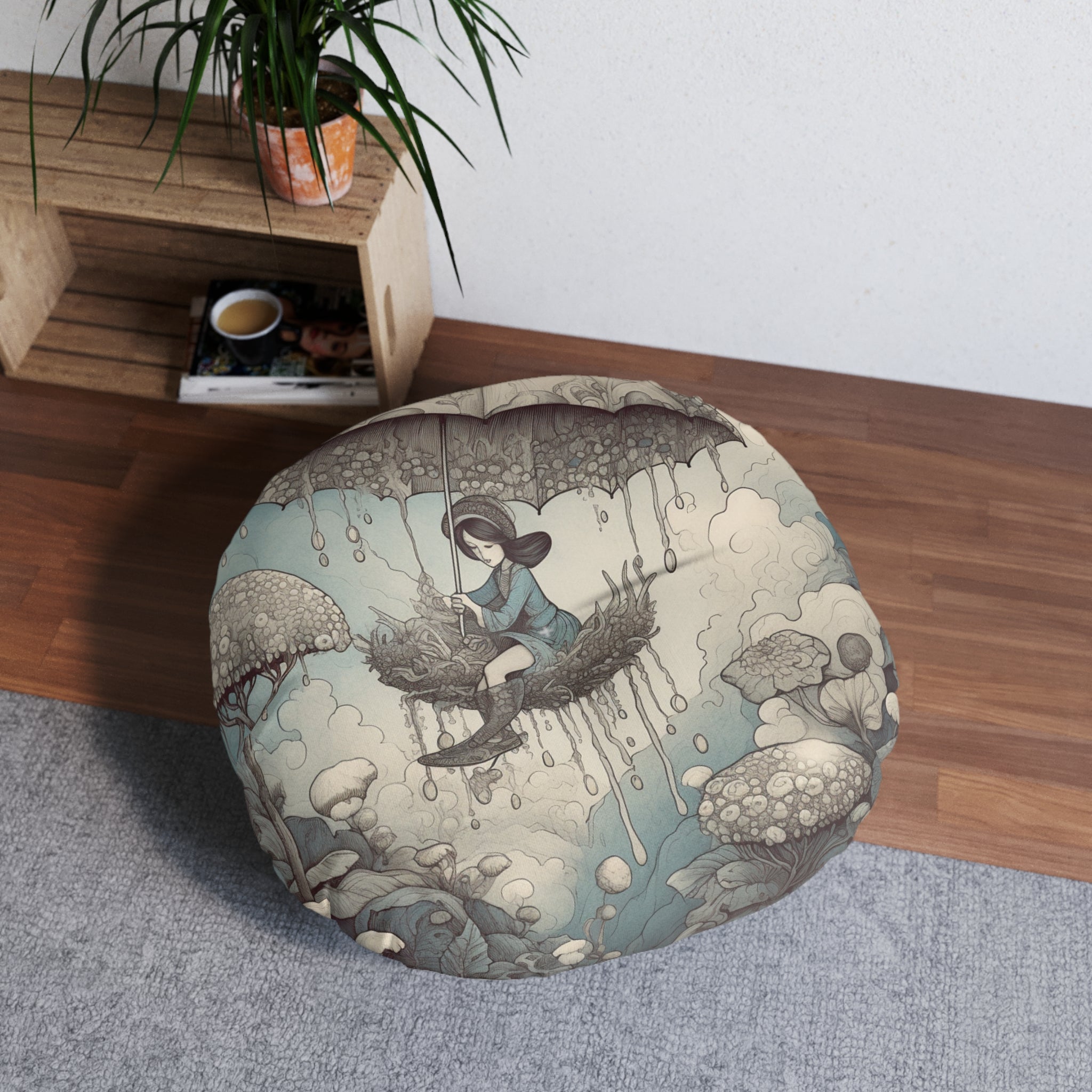 Tufted Floor Pillow, Round "Swinging on Cloud 9"