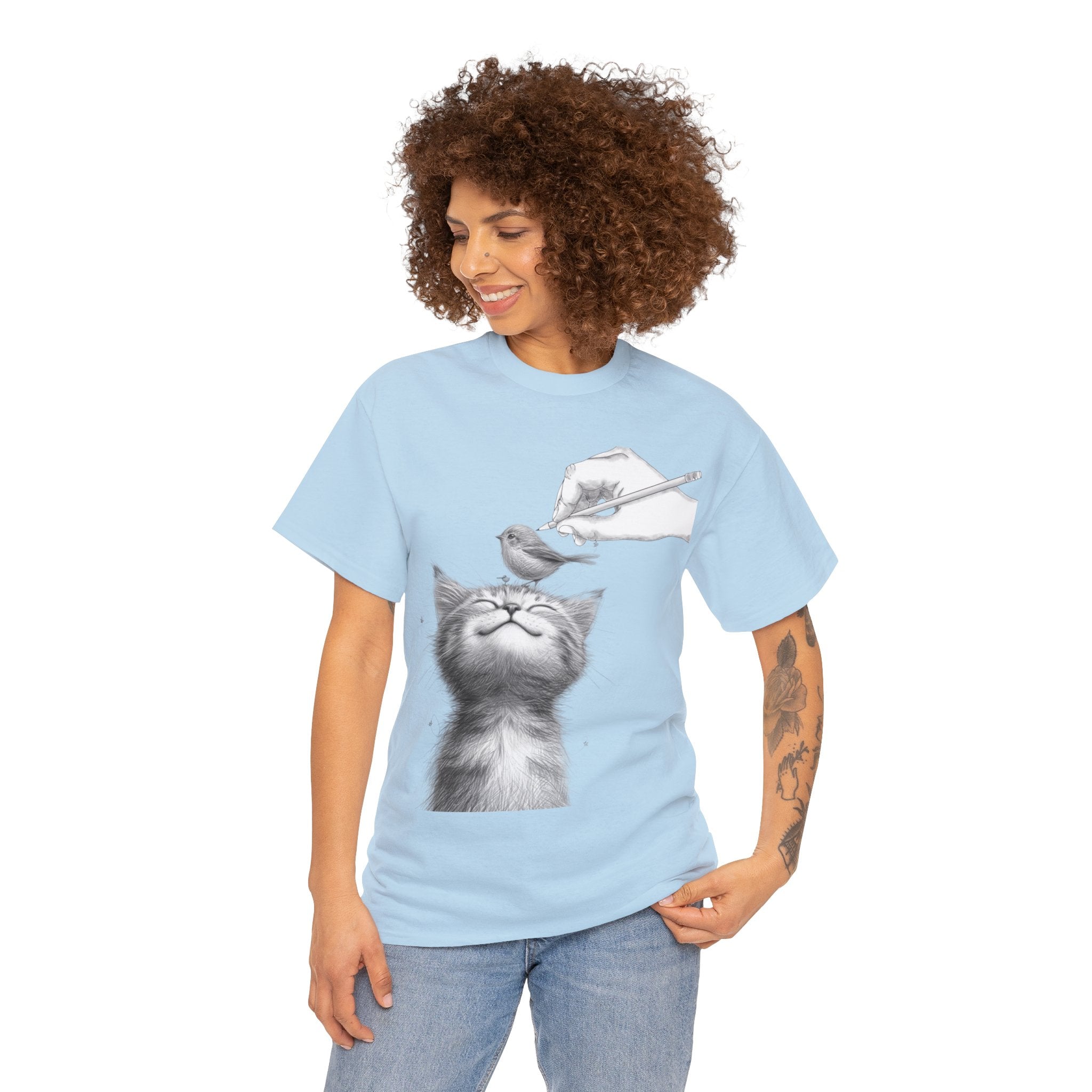 Cute Top for Artist Gift Women's Discover Artistic Elegance: Sketch Hand Drawing Bird and Cat Friendship Unisex Heavy Cotton Tee - Unique Design for Art Enthusiasts