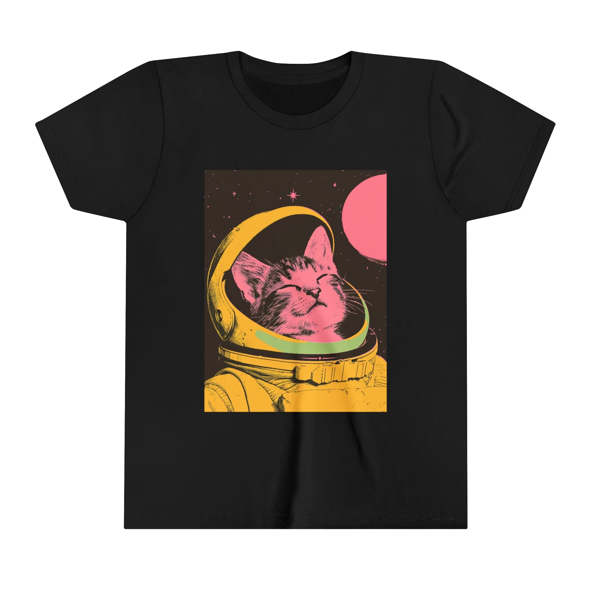 Cosmic Cool: Astronaut Cat Vintage Pop Art Youth Short Sleeve Tee - Bold Style for Young Explorers