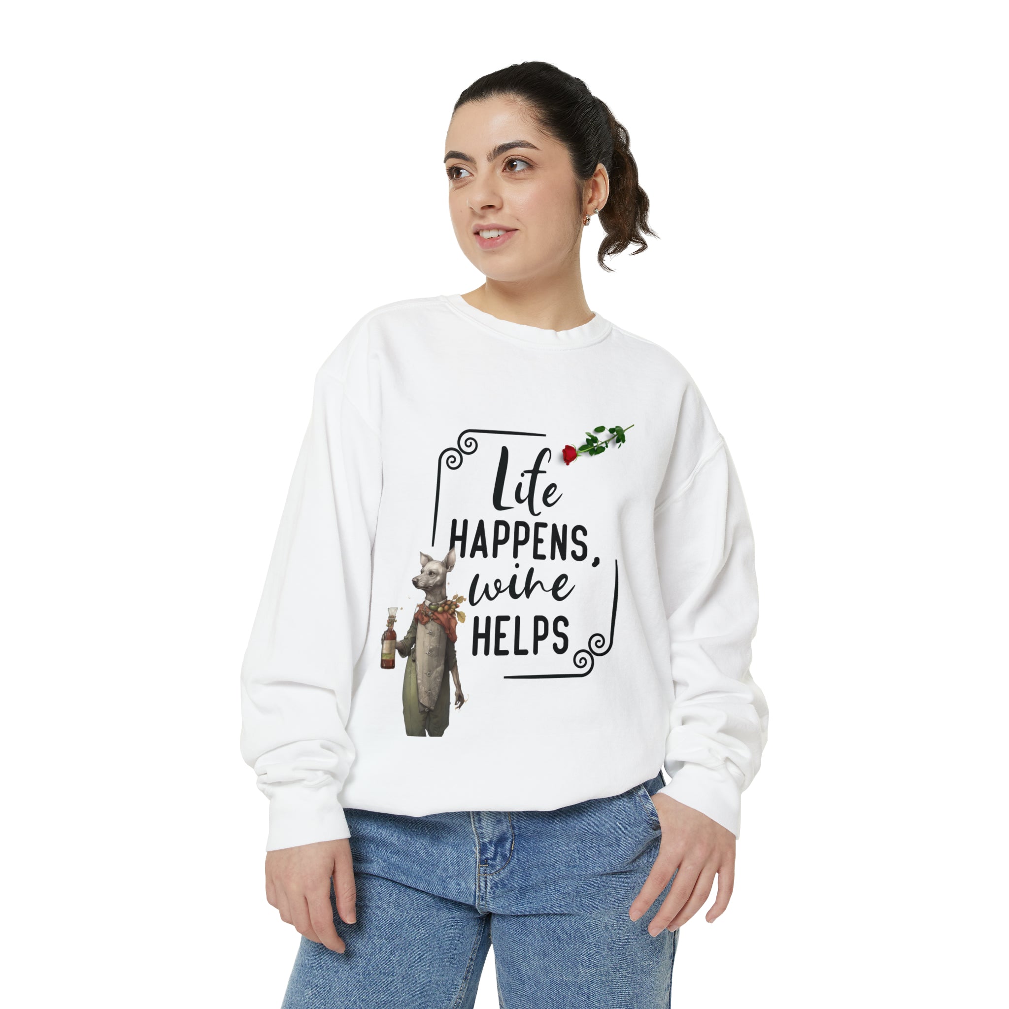 Women's Garment-Dyed Sweatshirt "Life Happens Wine Helps" Shirt for Wine Lovers