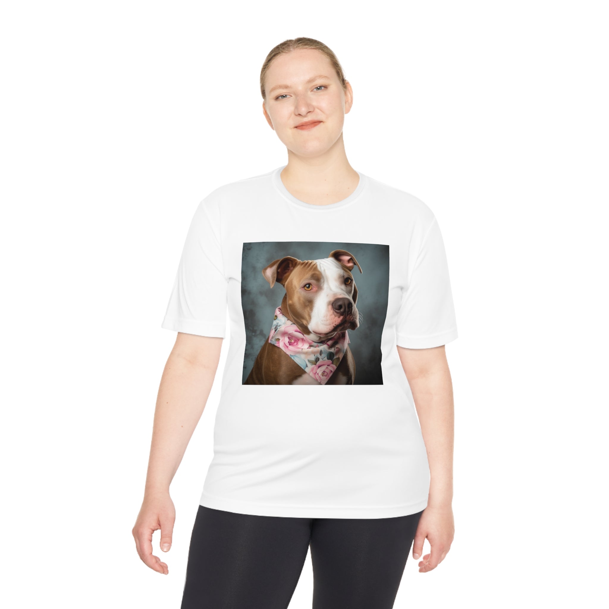 Perfect for Dog Lovers! Pitbull Puppy wearing a Cute Flower Scarf Unisex Moisture Wicking Tee - This is a Perfect Dog Park T-shirt for Pet Lover. Stay Stylish and Comfortable with This Charming Dog-Lover's Shirt