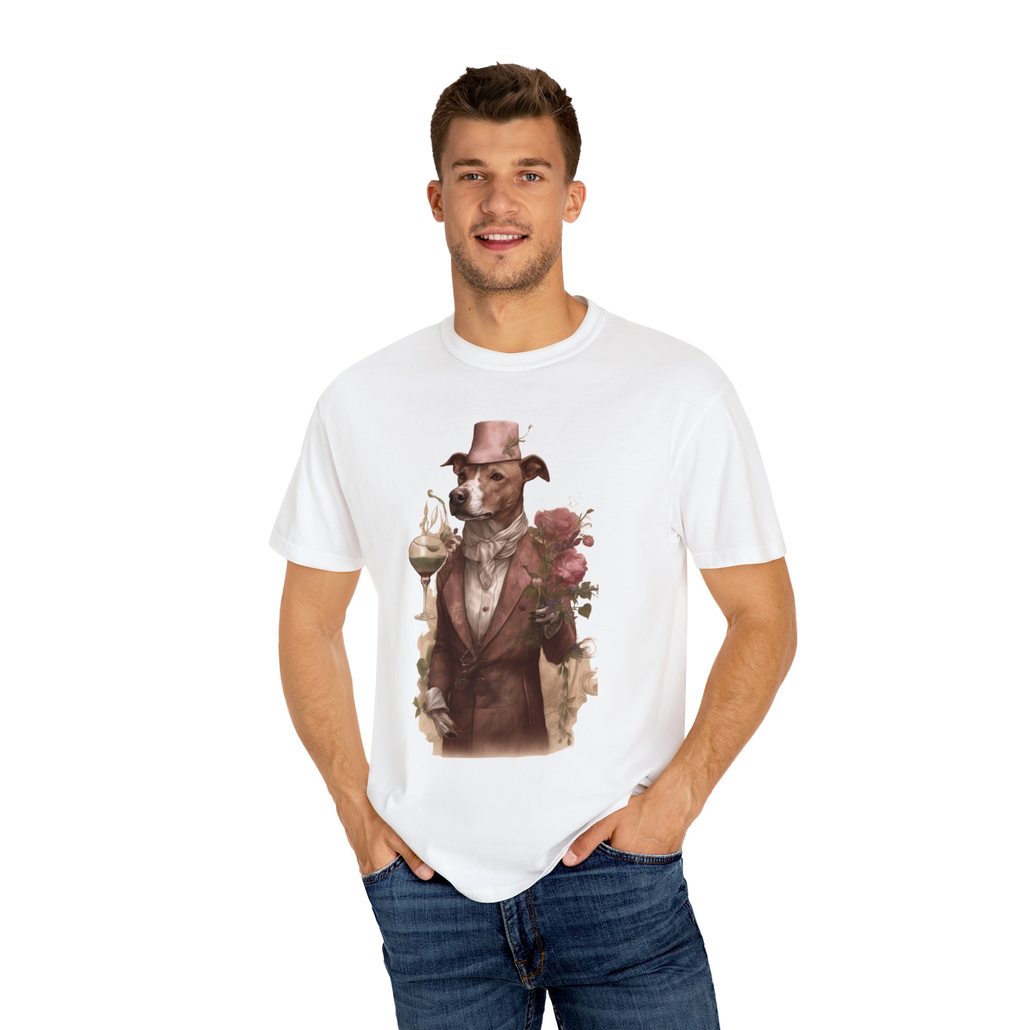 Women's Garment-Dyed T-shirt-"Canine Connoisseur" Pitbull Owners Wine Lovers (Professional Art)