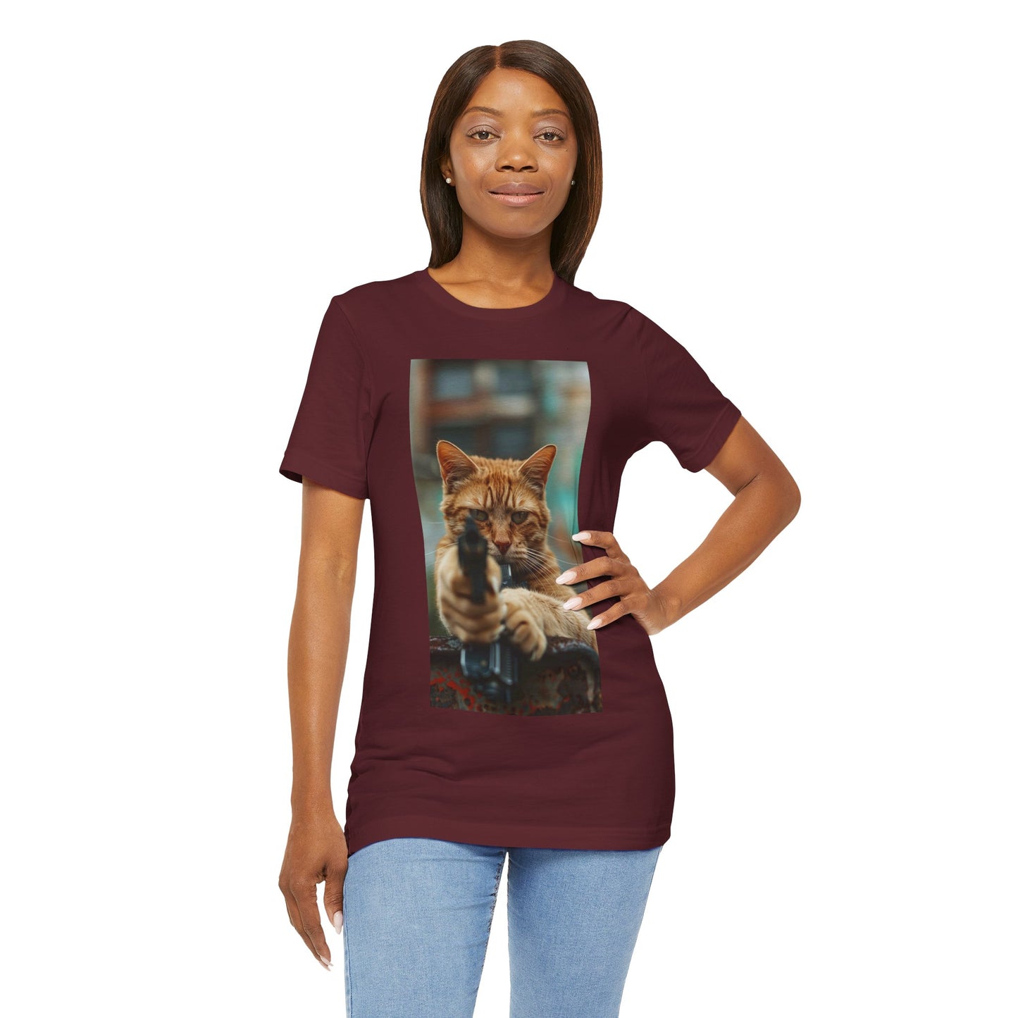 Stealth Paws: Feline Hitman Women's Jersey Short Sleeve Tee - Quirky Cat-Themed Apparel for Fashion-Forward Cat Lovers