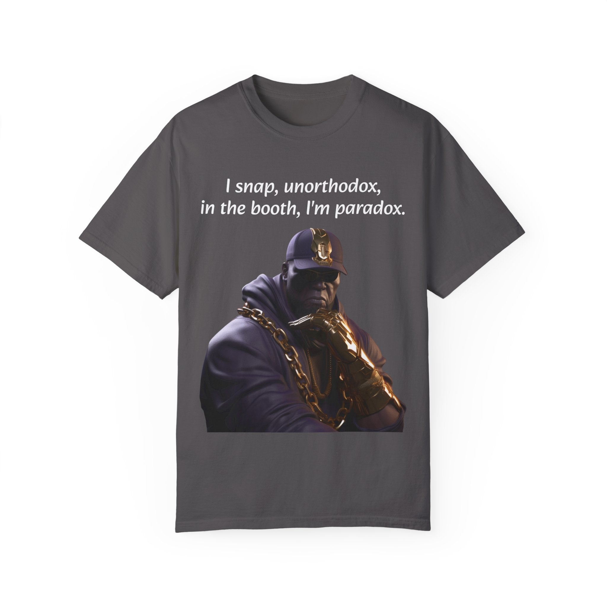 Lyrically Mad Titan T-Shirt: 'I Snap, Unorthodox, in the Booth, I'm Paradox' - Cosmic Warlord Inspired Hip Hop Unisex Garment-Dyed Tee for Urban Wear Enthusiasts