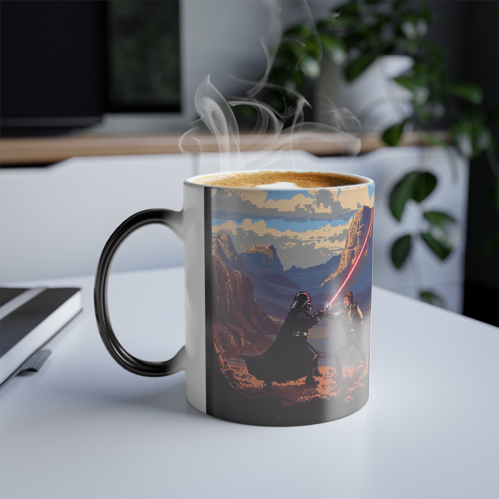 The image captures the mesmerizing transformation of the color morphing mug, starting as a sleek, mysterious black mug. As it heats up, it reveals a vivid, detailed 16-bit scene featuring Han in a daring battle against the Dark Lord, showcasing the dynamic change and the thrilling world encapsulated in this unique drinkware.