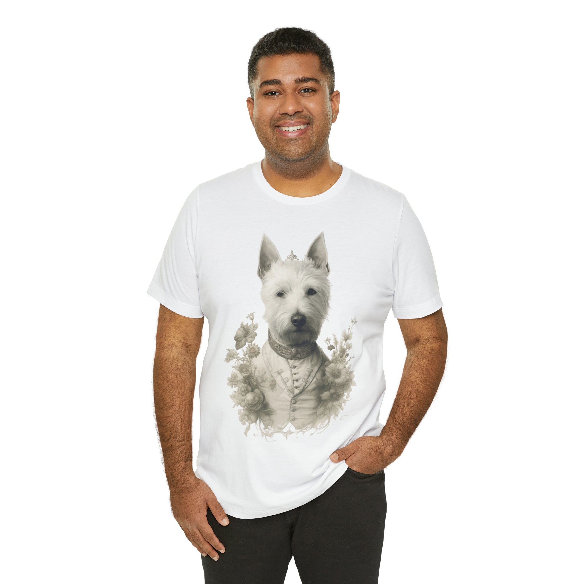 Unisex Jersey Short Sleeve Tee-"Distinguished Dog" Tee - Pencil Drawn Art, Floral Accents - Ideal Gift for Dog and Art Lovers