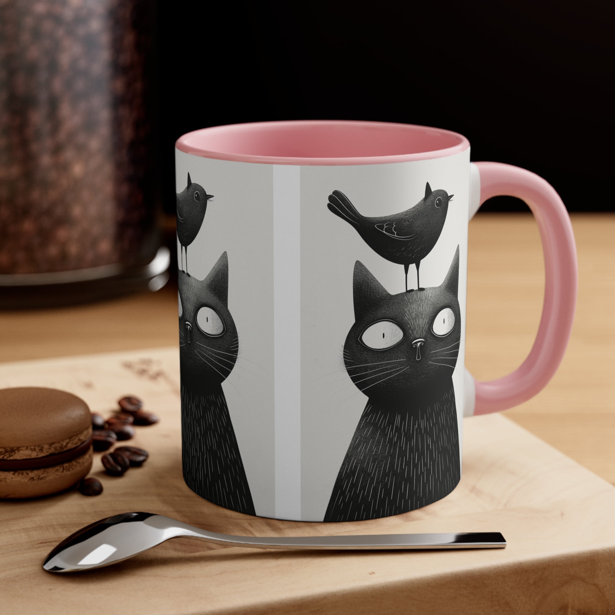 Adorable Eyes-Wide Feline and Bird Pals Accent Coffee Mug - 11oz Ceramic Cup for Animal Lovers