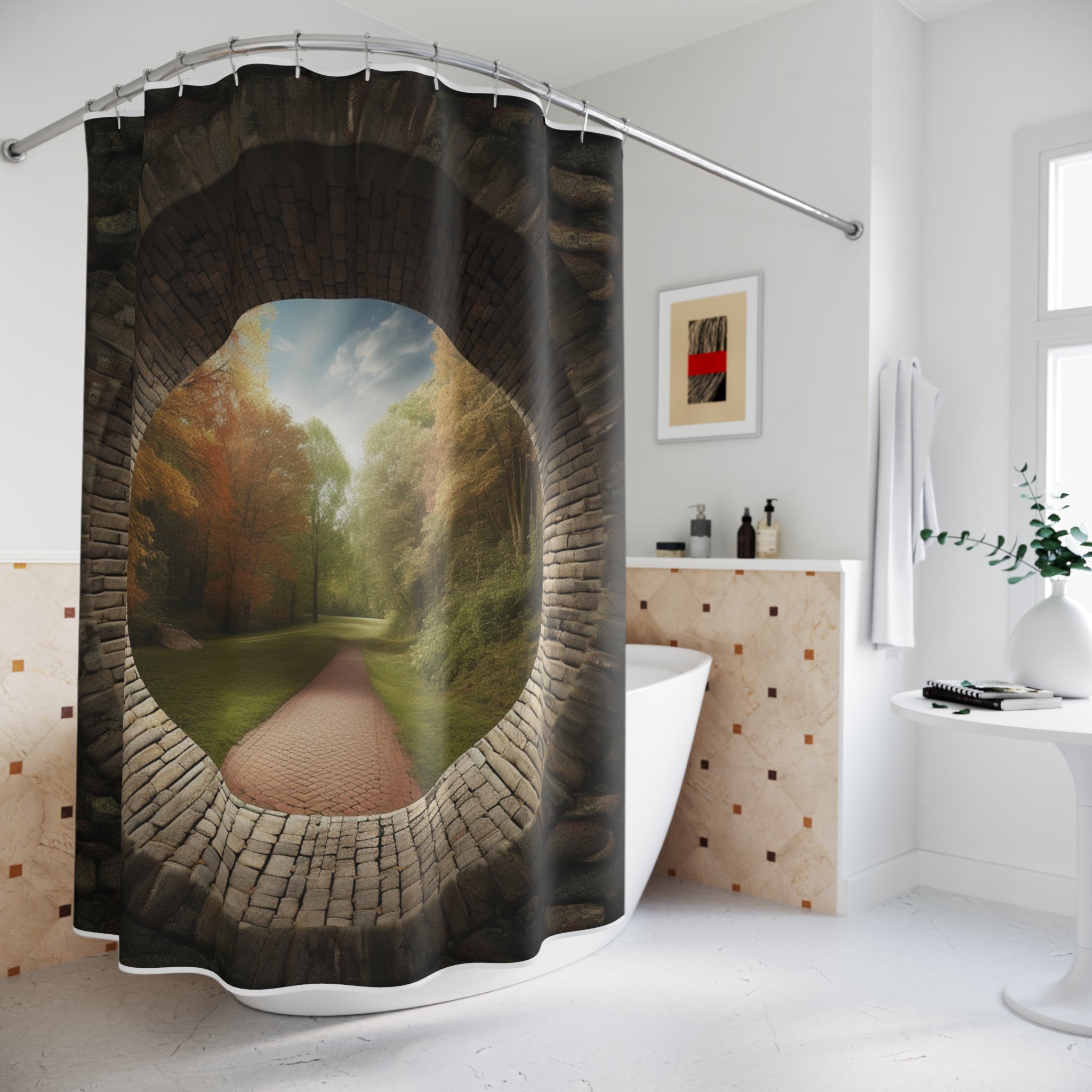 Jogging Path Portal Polyester Shower 🏛️ Enigmatic Architectural Gateway: Ultra-Realistic Brick Portal Optical Illusion - Elegant Polyester Shower Curtain for Modern Bathrooms, Artistic Home Decor 🚿✨Curtain