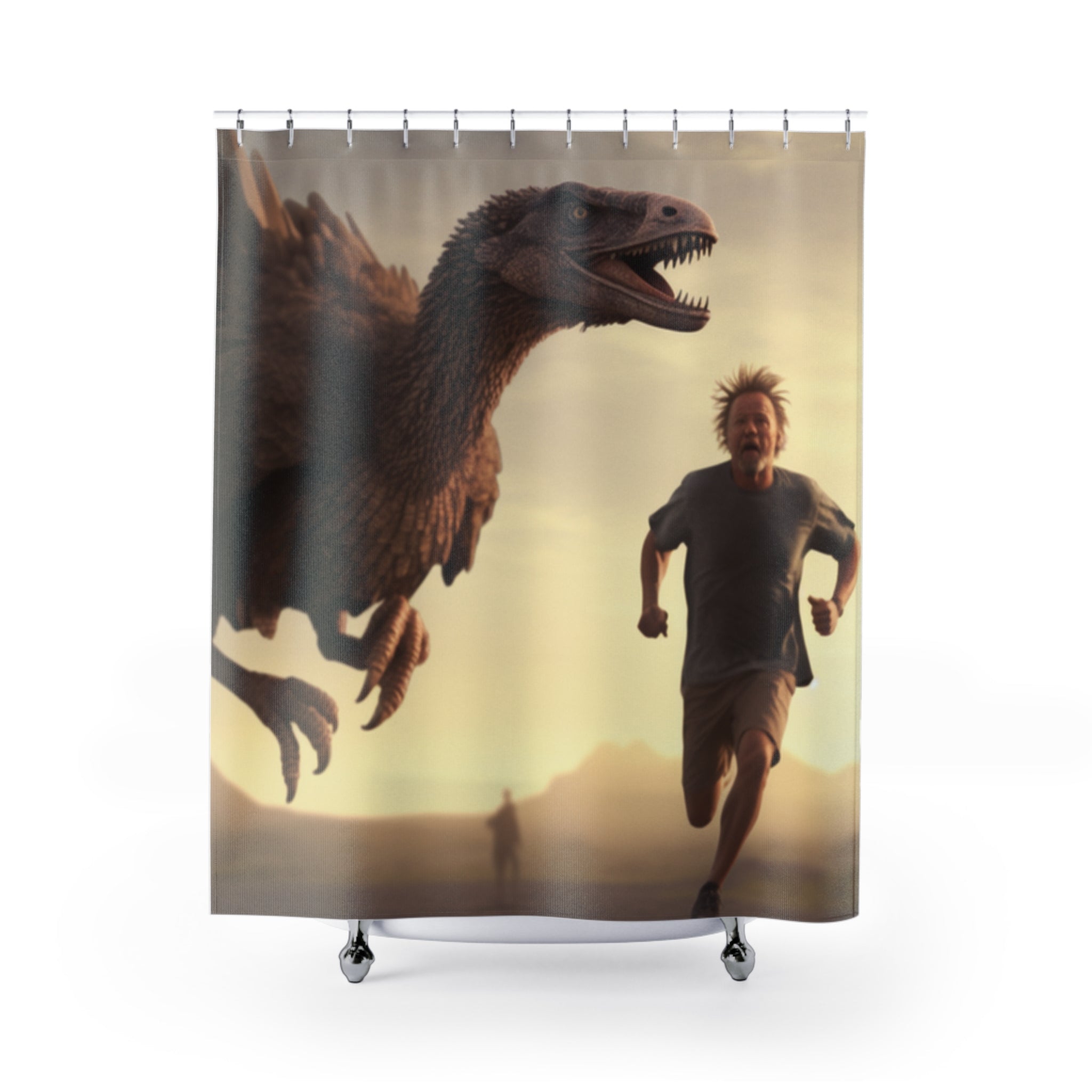 Escape from Big Bird: Prehistoric Chase Scene - Hilarious Man Running from Giant Bird Funny Shower Curtain: Add a Dash of Prehistoric Humor to Your Bathroom