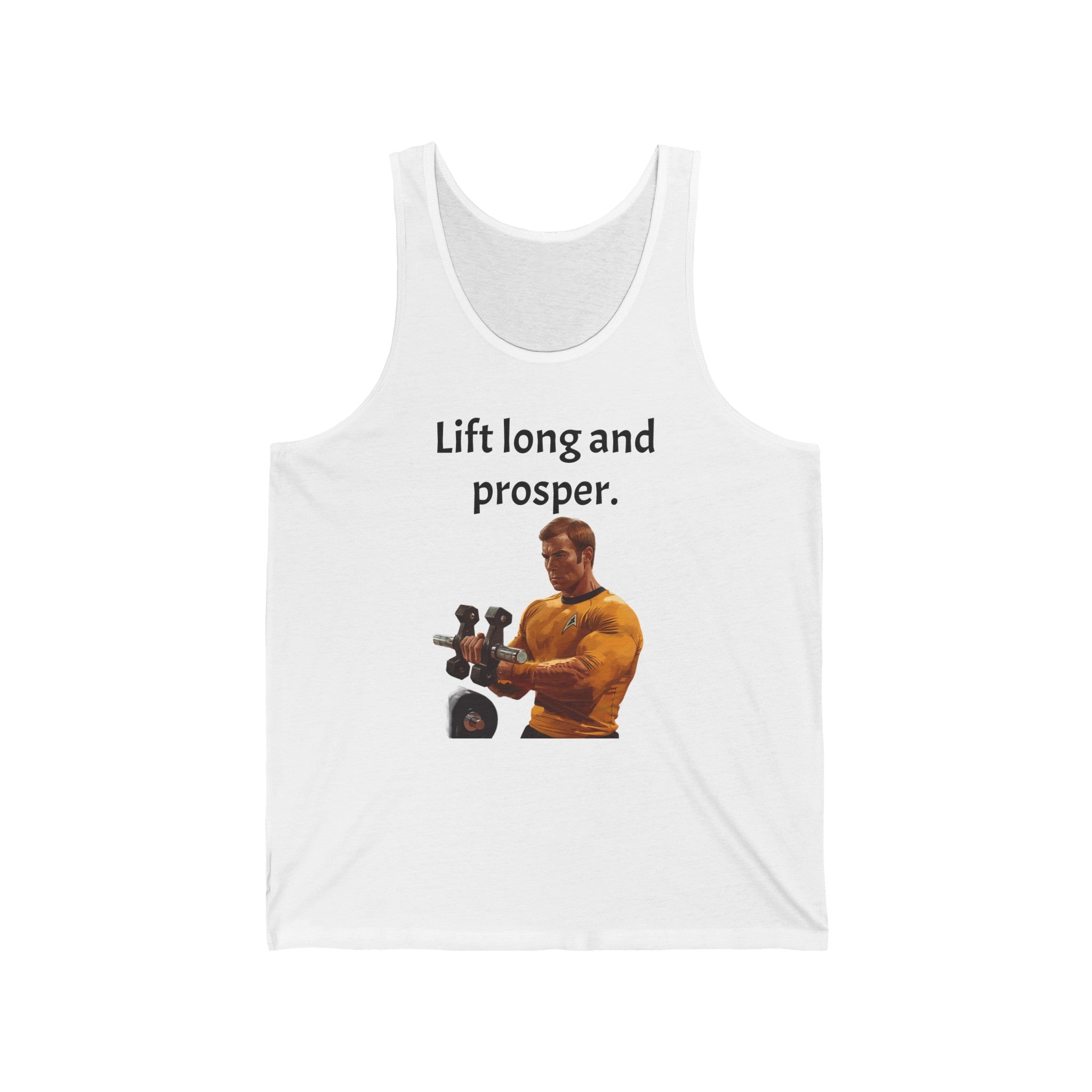 The image displays a stylish unisex jersey tank, featuring the humorous and iconic phrase "Lift Long and Prosper" in bold, sci-fi inspired typography. The tank’s comfortable fit and breathable fabric are evident, making it perfect for workouts or casual wear.
