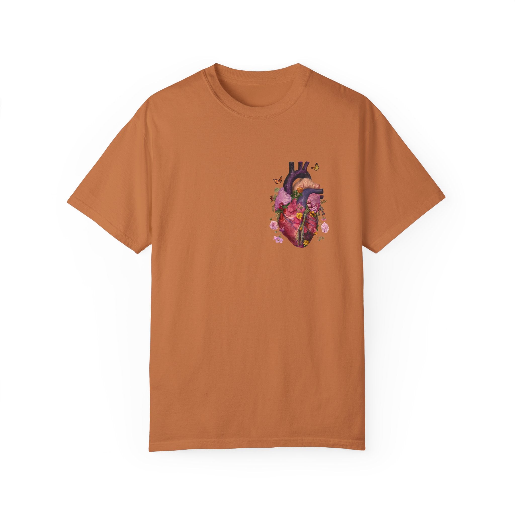 Botanical Heartbeat: Floral Heart Anatomy Unisex Garment-Dyed T-Shirt - Wearable Art with a Touch of Nature