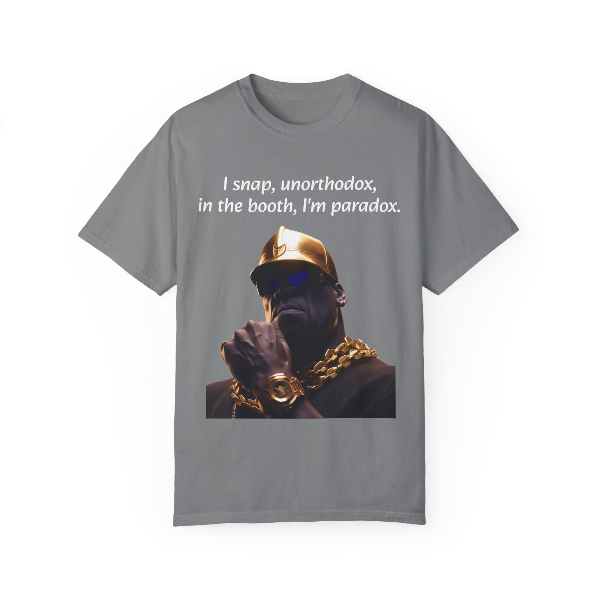 Lyrically Mad Titan T-Shirt: 'I Snap, Unorthodox, in the Booth, I'm Paradox' - Cosmic Warlord Inspired Hip Hop Unisex Garment-Dyed Tee for Urban Wear Enthusiasts