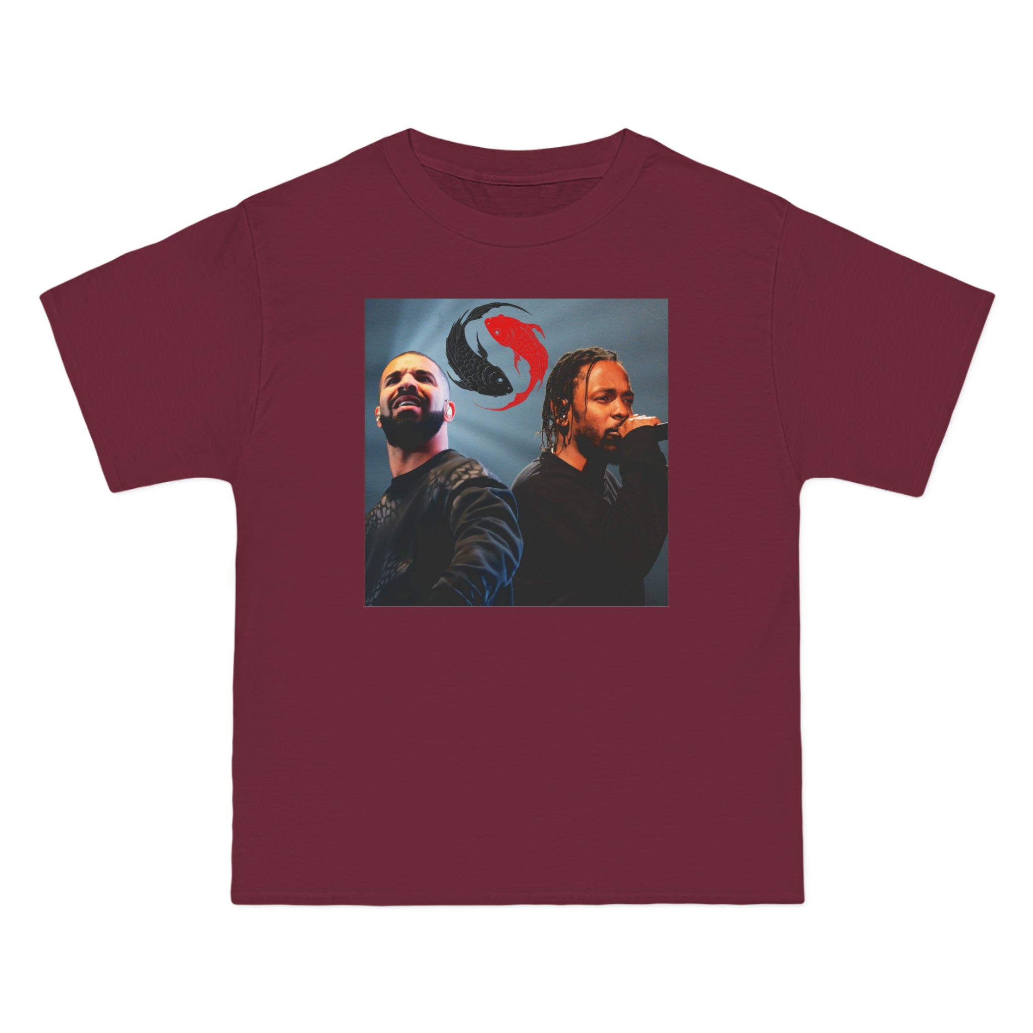 The image showcases a stylish, black Beefy-T® short-sleeve t-shirt adorned with a unique Yin and Yang design, artistically merging the iconic profiles of Drizzy and Lamar. The symbol not only represents balance and duality but also celebrates the rap beef rivalry turned mutual admiration, making it a profound statement piece for any fan of the genre.