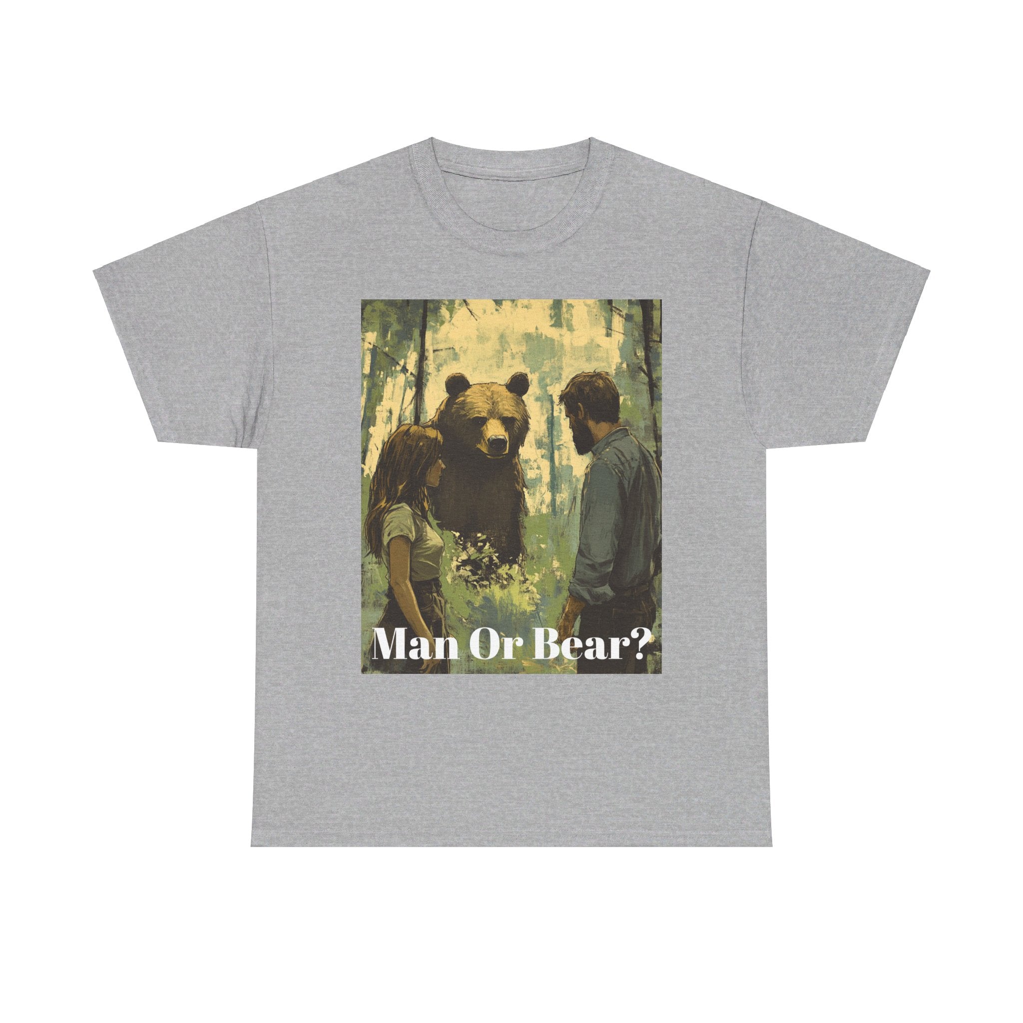 Wilderness Debate: 'Man or Bear?' Controversy Men's Heavy Cotton Tee - Embrace the Mystery