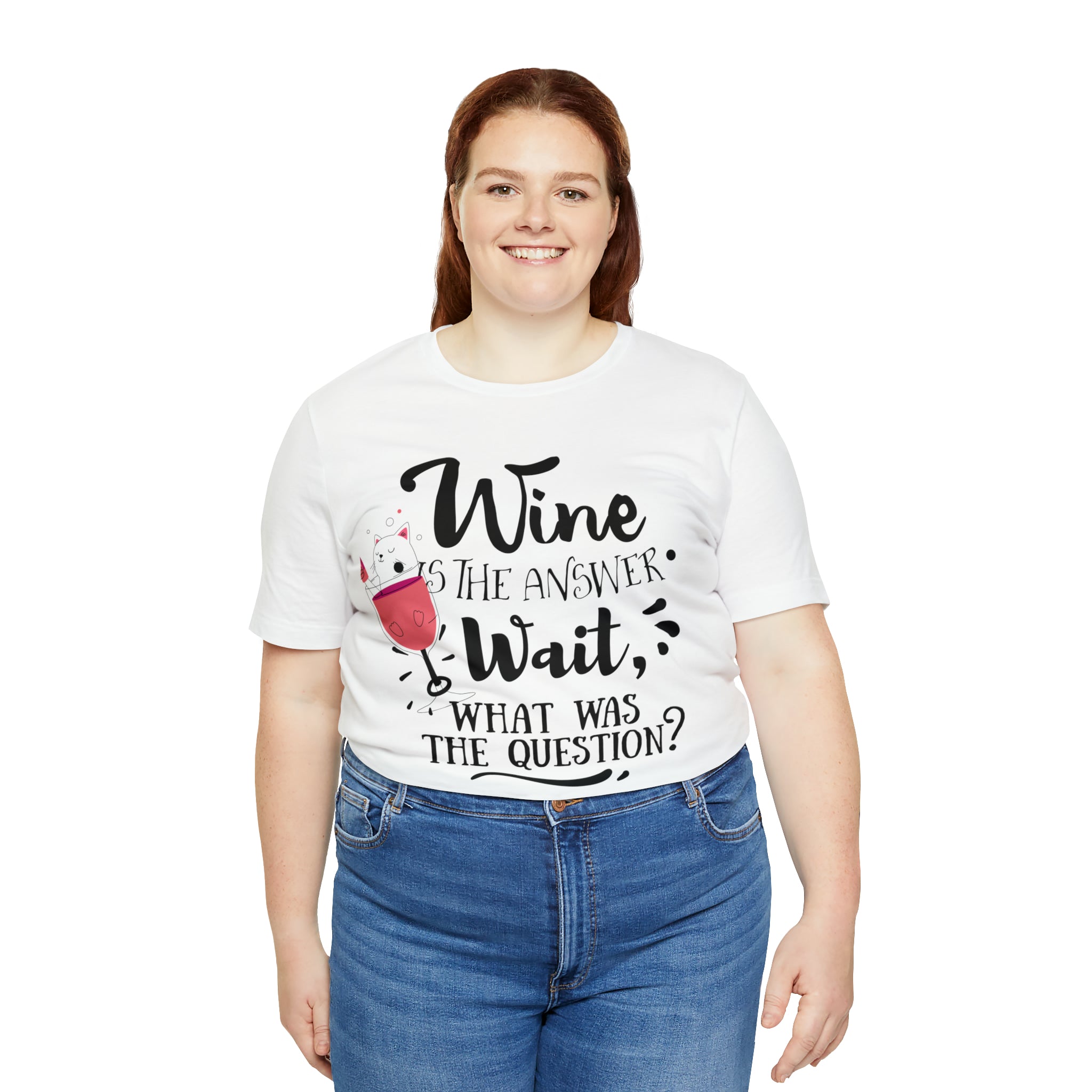 Women's Jersey Short Sleeve Tee -- "Wine is the Answer, Wait What's the Question?" T-shirt for Wine Lovers Gift for Her