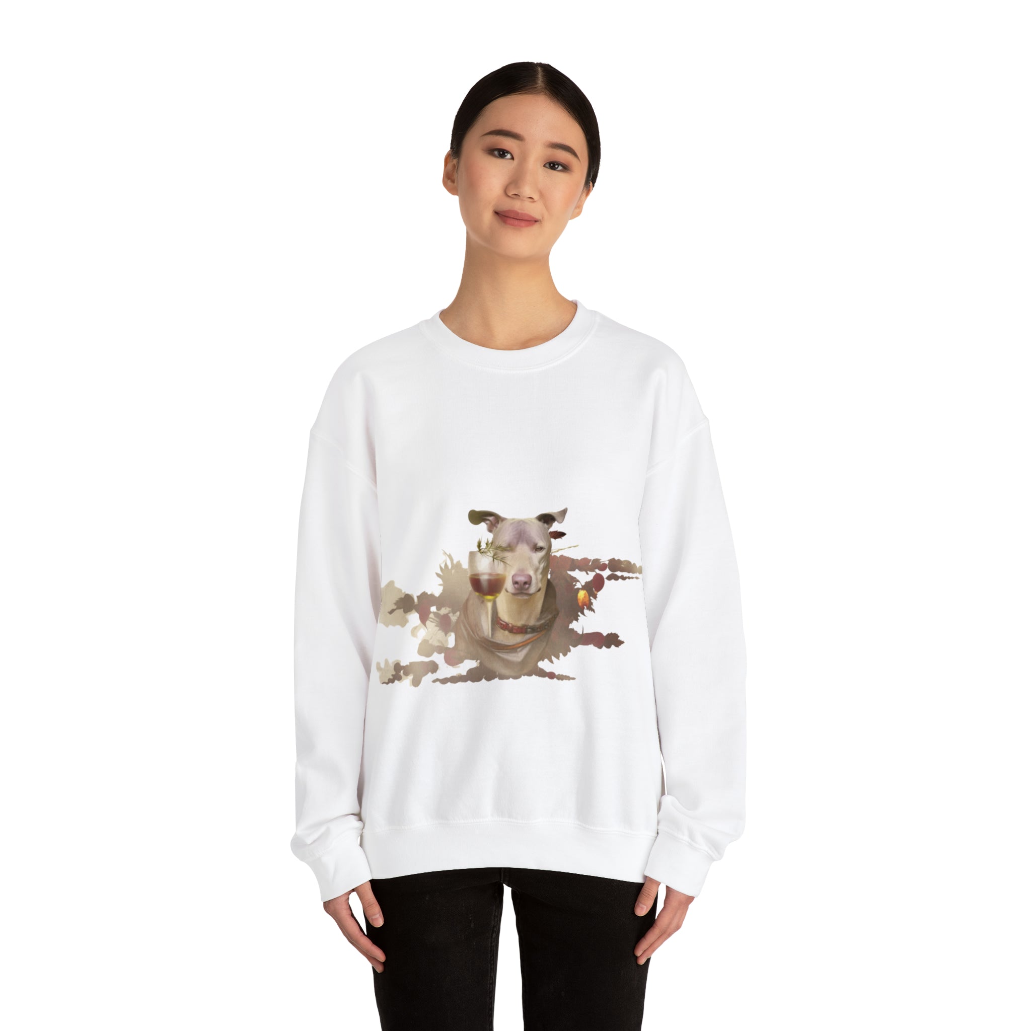 Women's Heavy Blend™ Crewneck Sweatshirt- "Pitbull and Wine" for Dog Lovers Pet Owners (Professional Art)