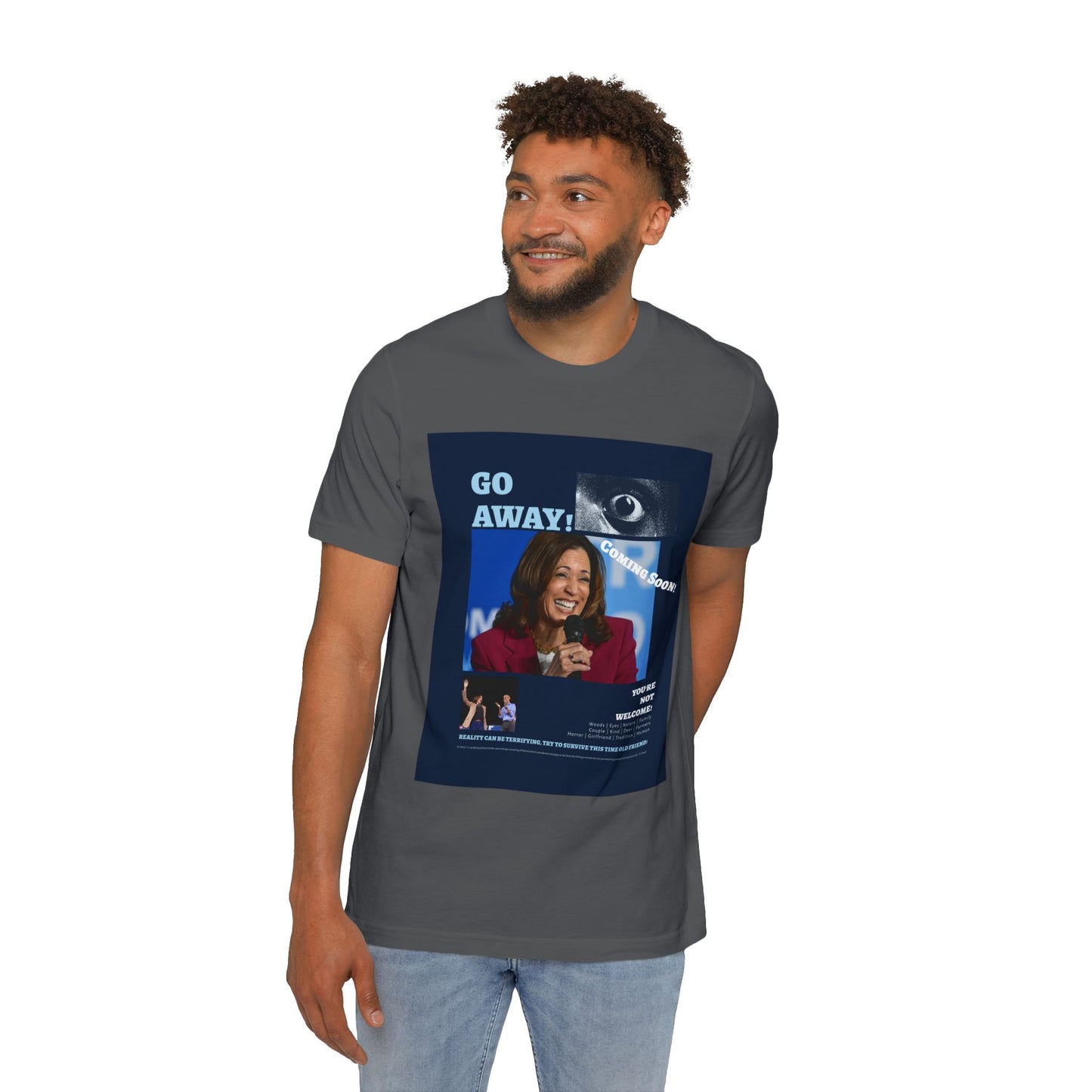 Go Away! Horror Film-Inspired Dem 2024 Campaign Parody USA-Made Unisex Jersey T-Shirt - A Bold Political Statement