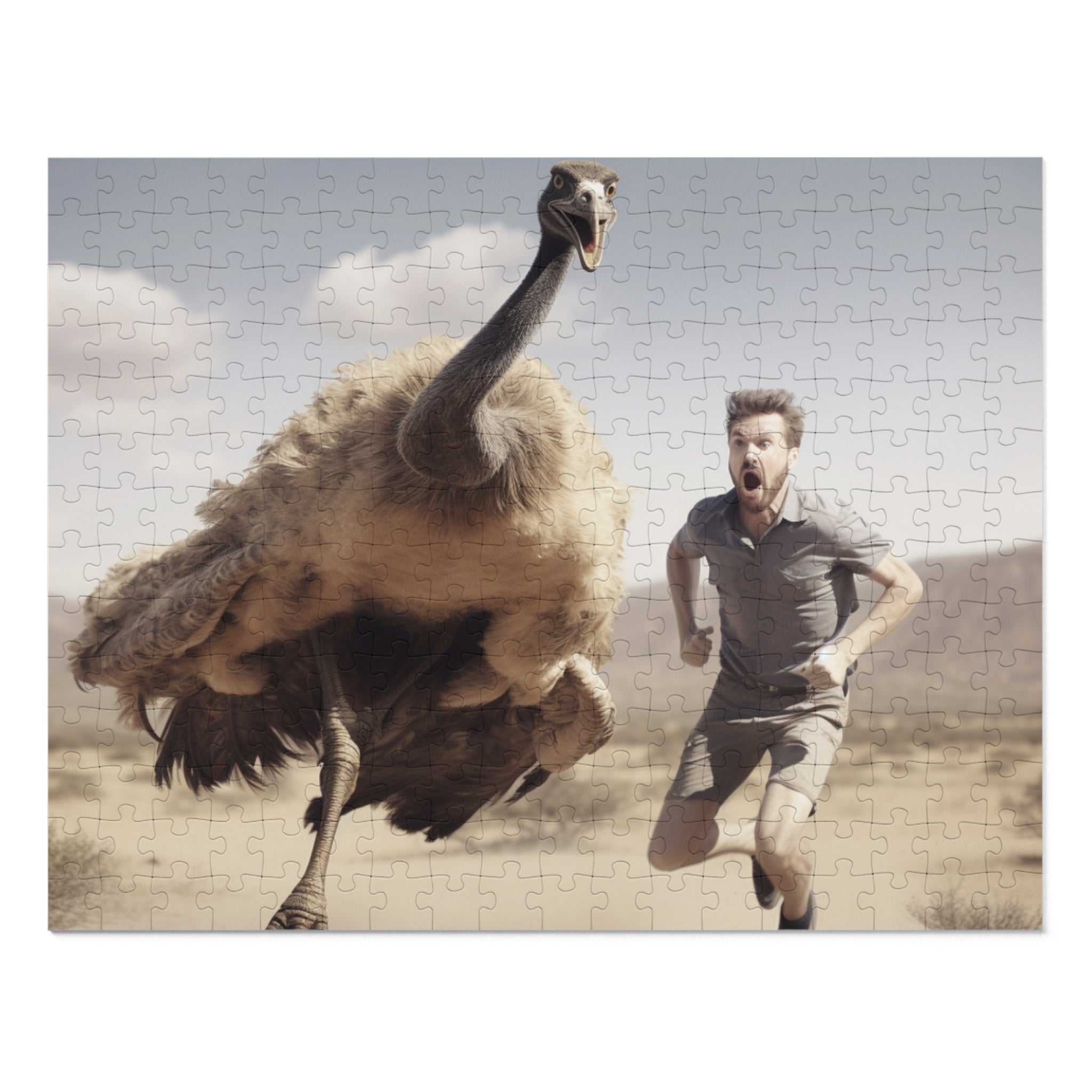 Funny Puzzle Gift Escape from Prehistoric Chicken: Man Running from Ancient Mean Big Bird Jigsaw Puzzle - Available in 30, 110, 252 Pieces for All Ages